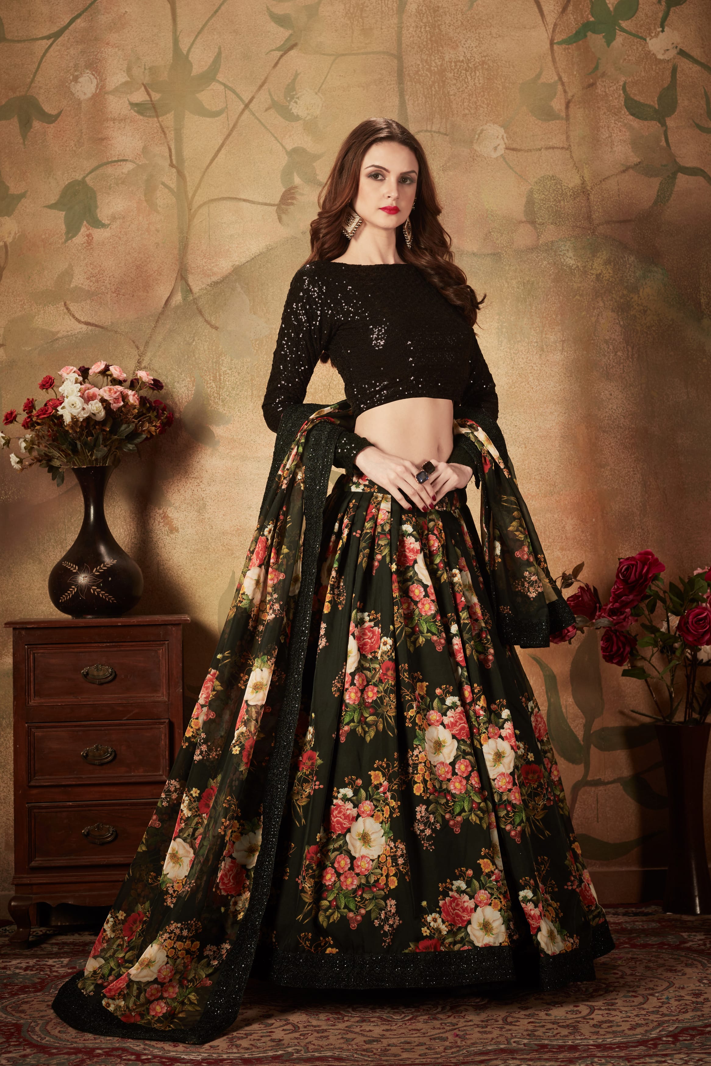 Elegant Black Digital Print Lehenga Choli with Exquisite Embroidery