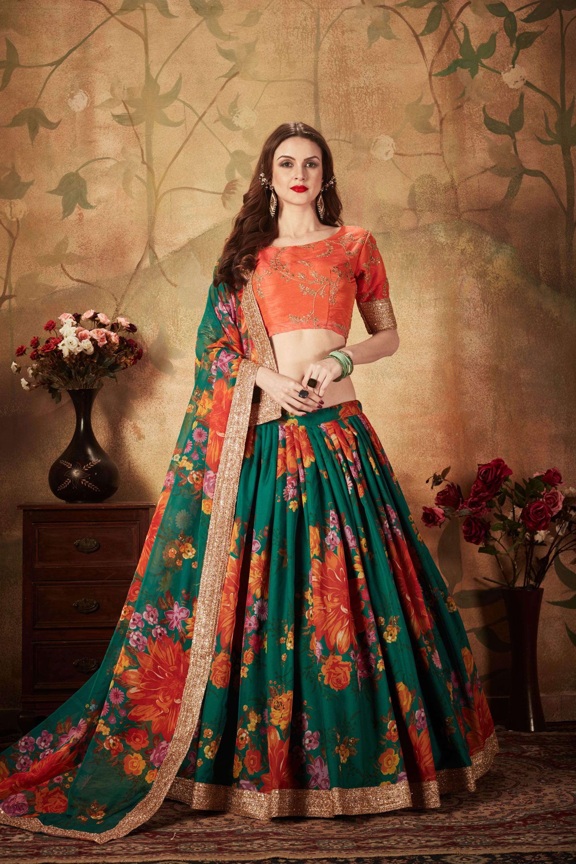 Elegant Green and Orange Digital Print Lehenga Choli with Exquisite Embroidery