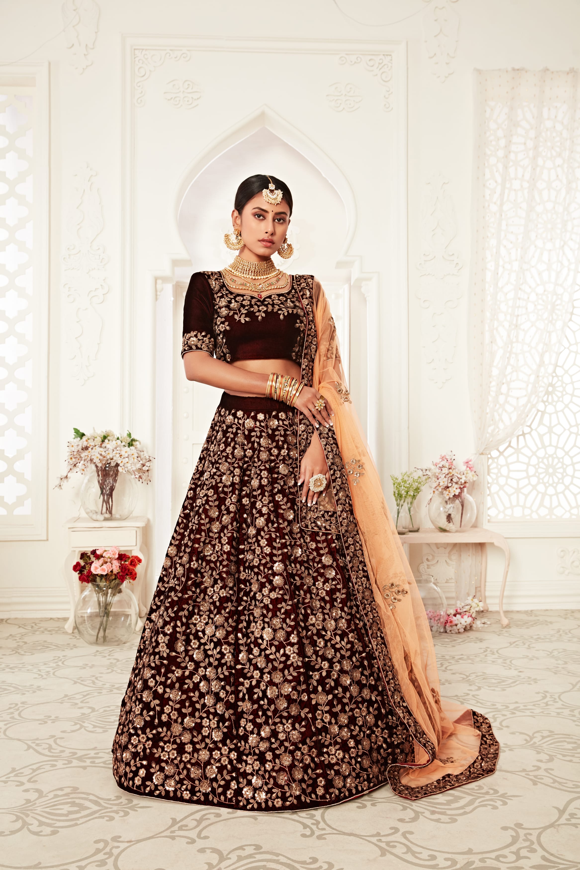 Majestic Marron Velvet Lehenga Choli with Exquisite Embroidery