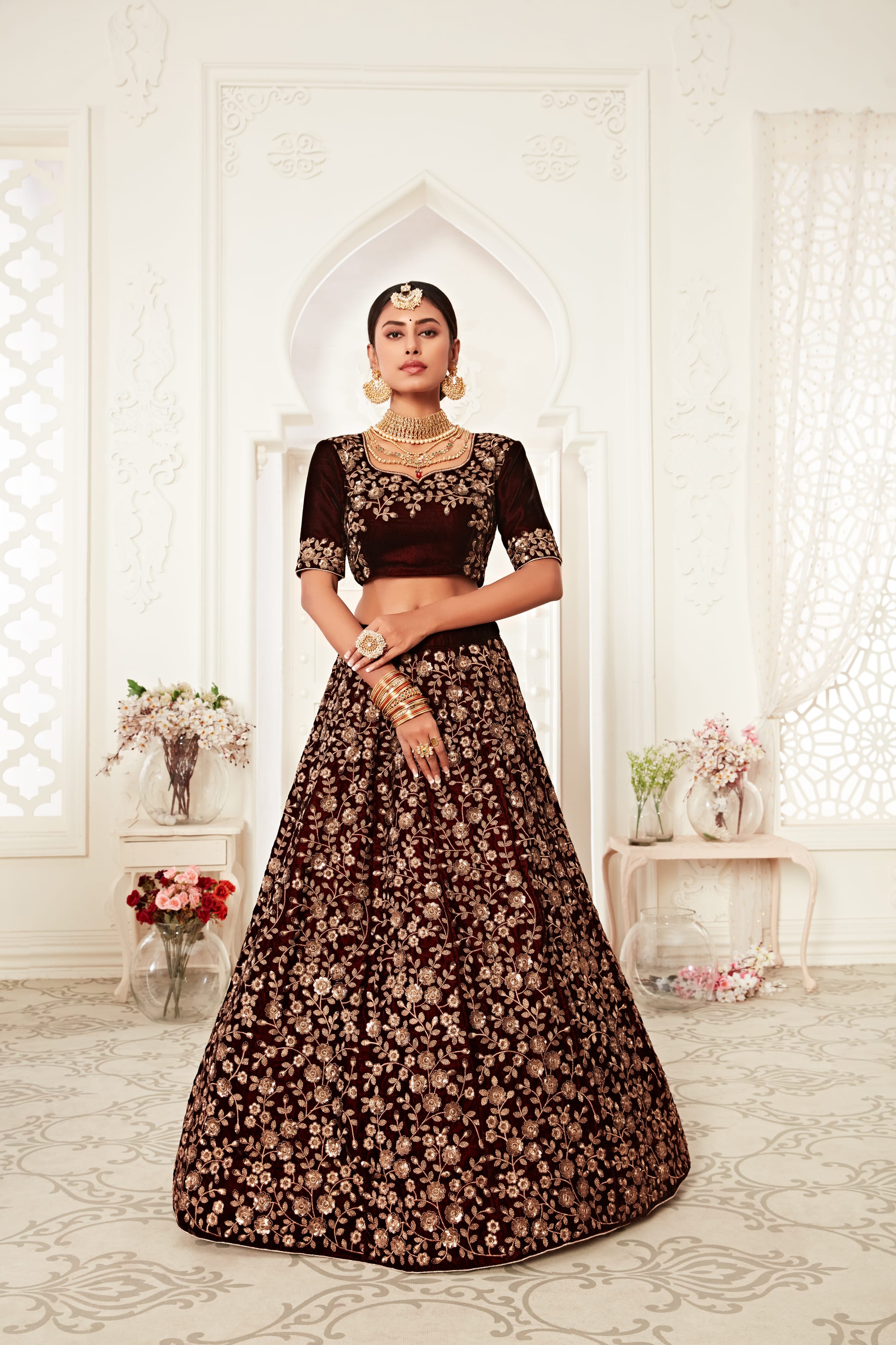 Majestic Marron Velvet Lehenga Choli with Exquisite Embroidery