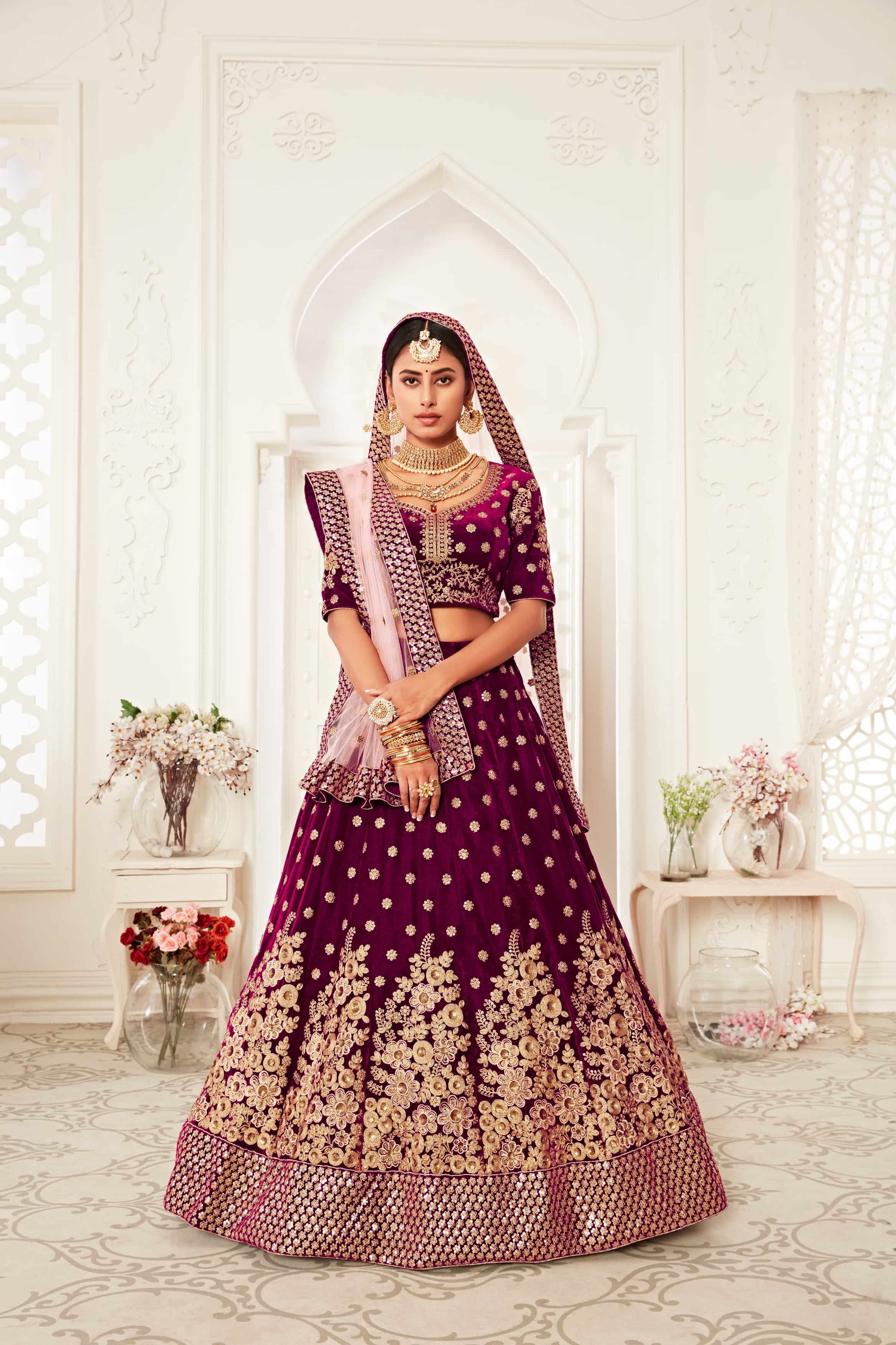 Royal Purple Velvet Lehenga Choli with Exquisite Embroidery Work