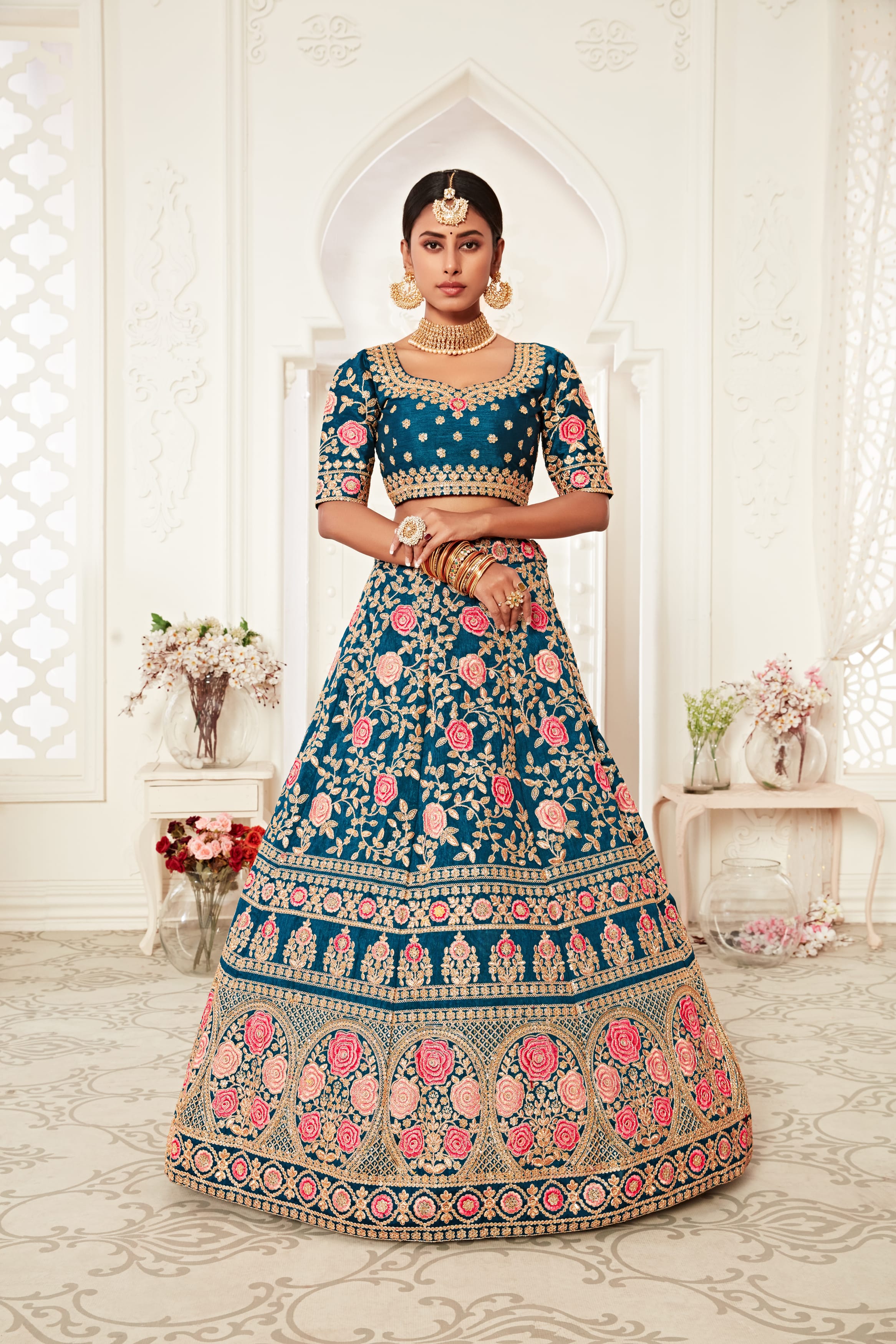 Elegant Blue Slub Silk Lehenga Choli with Exquisite Thread, Zari, and Sequins Embroidery