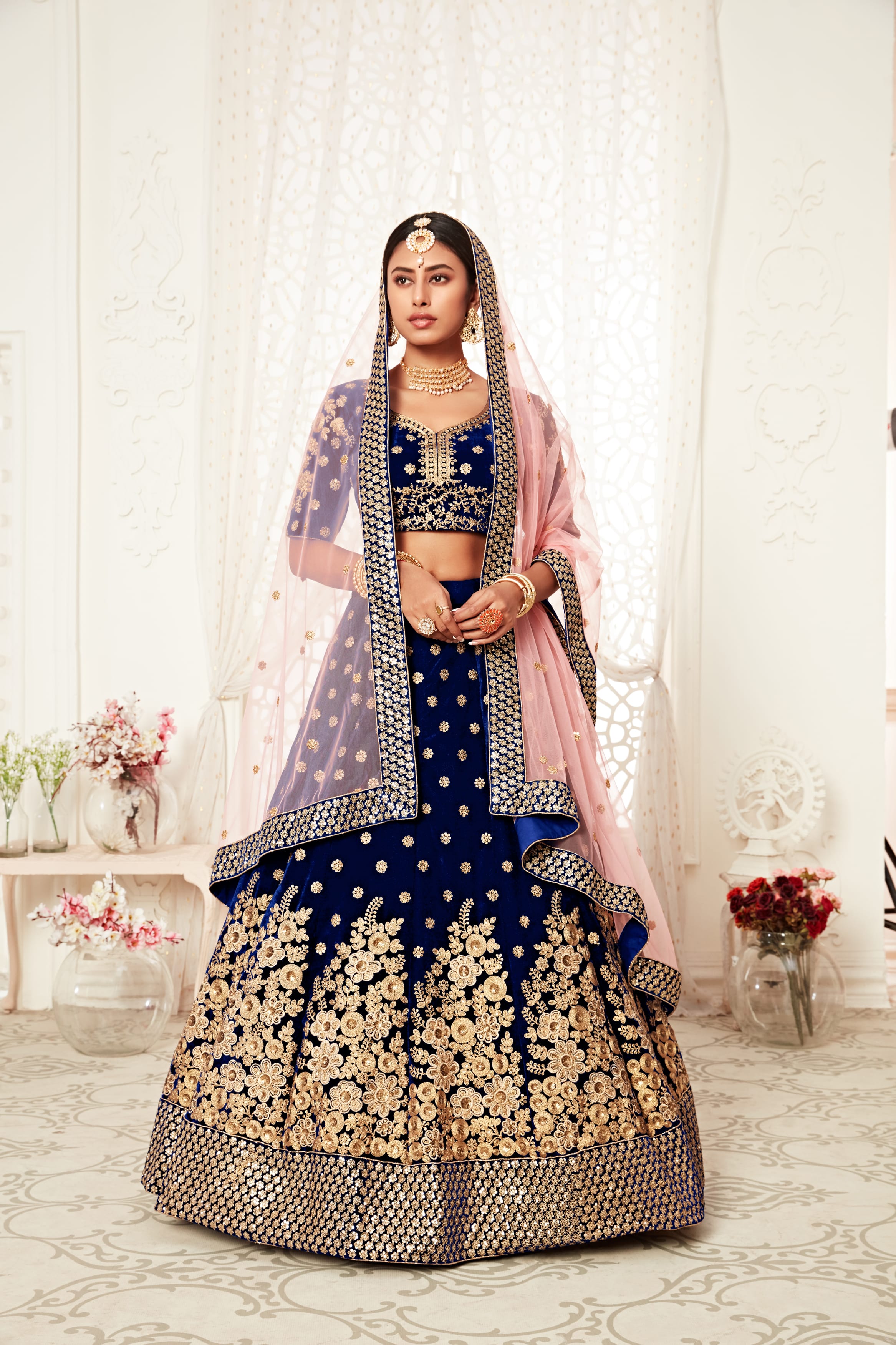 Navy Blue Velvet Lehenga Choli with Exquisite Thread, Zari, and Sequins Embroidery