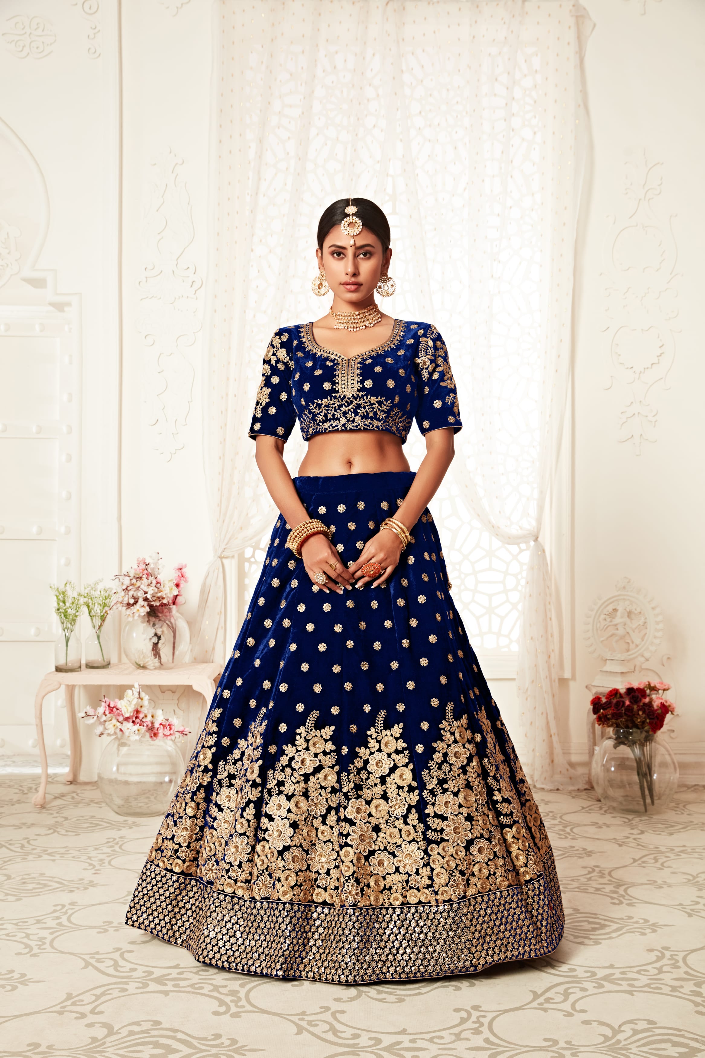 Navy Blue Velvet Lehenga Choli with Exquisite Thread, Zari, and Sequins Embroidery