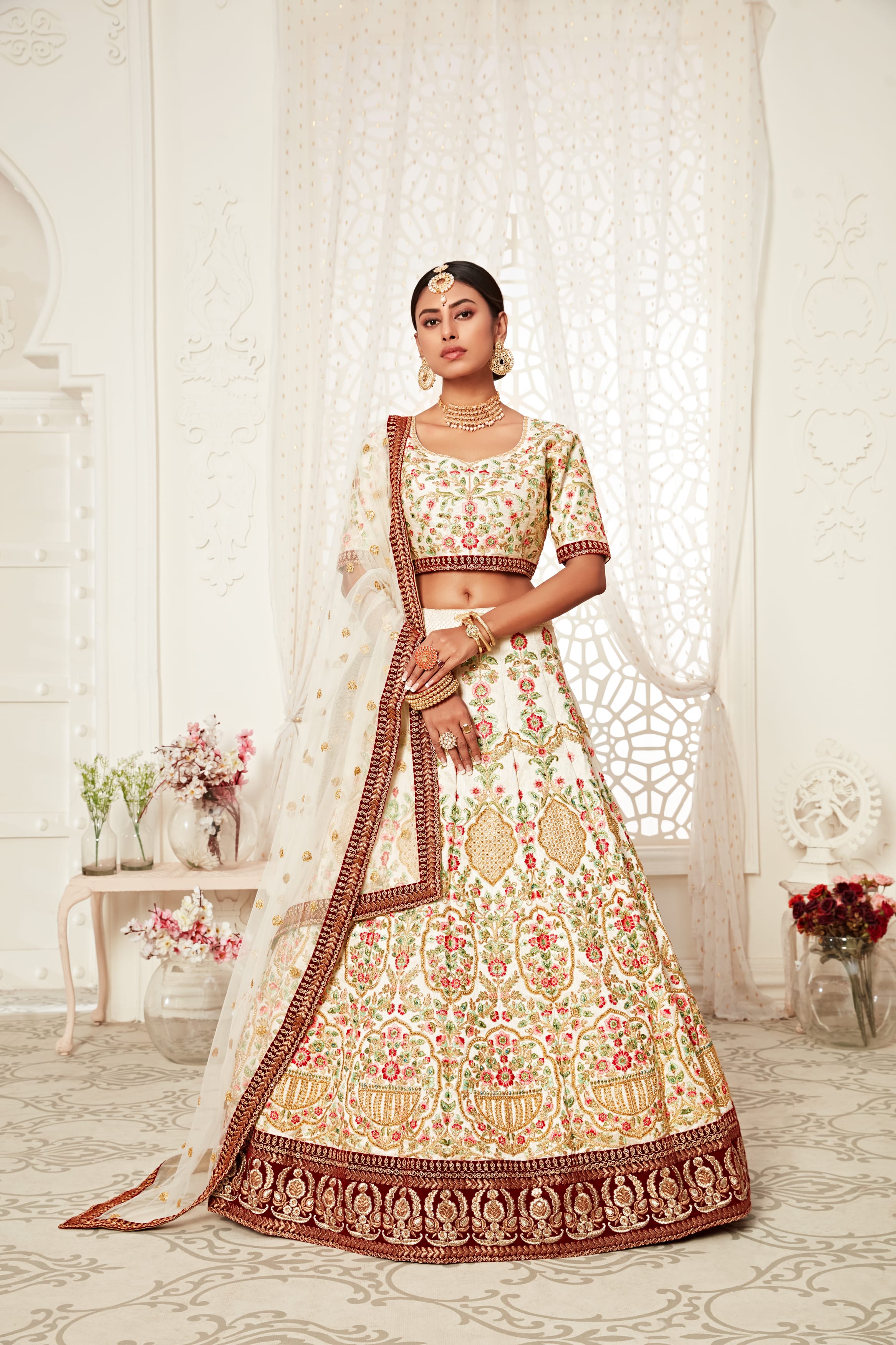 Elegant Off-White Art Silk Lehenga Choli with Intricate Thread and Diamond Embroidery