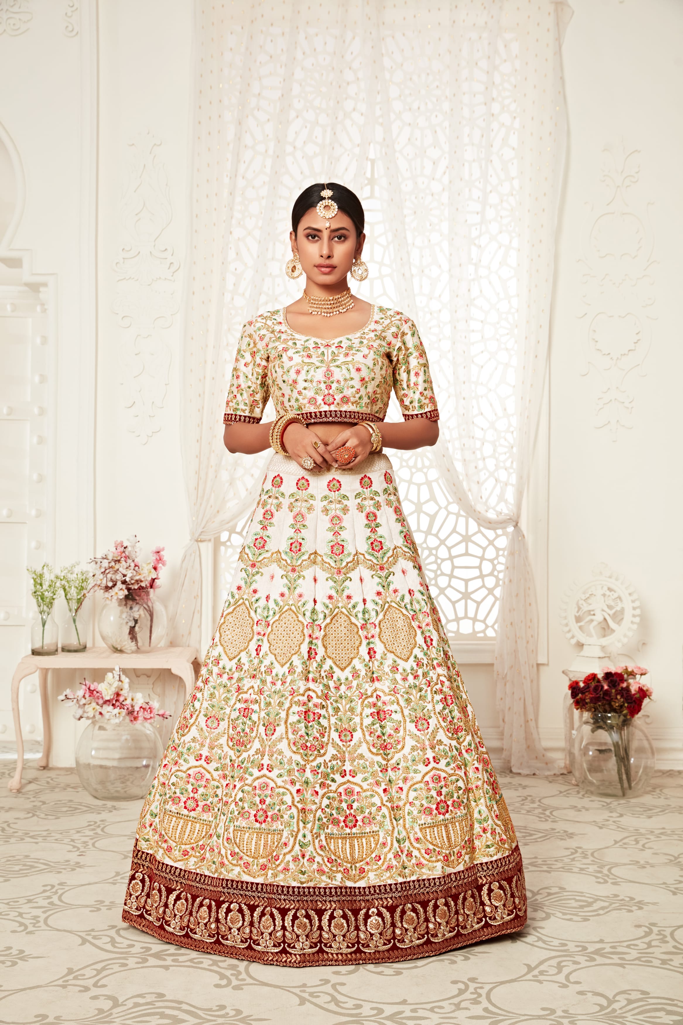 Elegant Off-White Art Silk Lehenga Choli with Intricate Thread and Diamond Embroidery