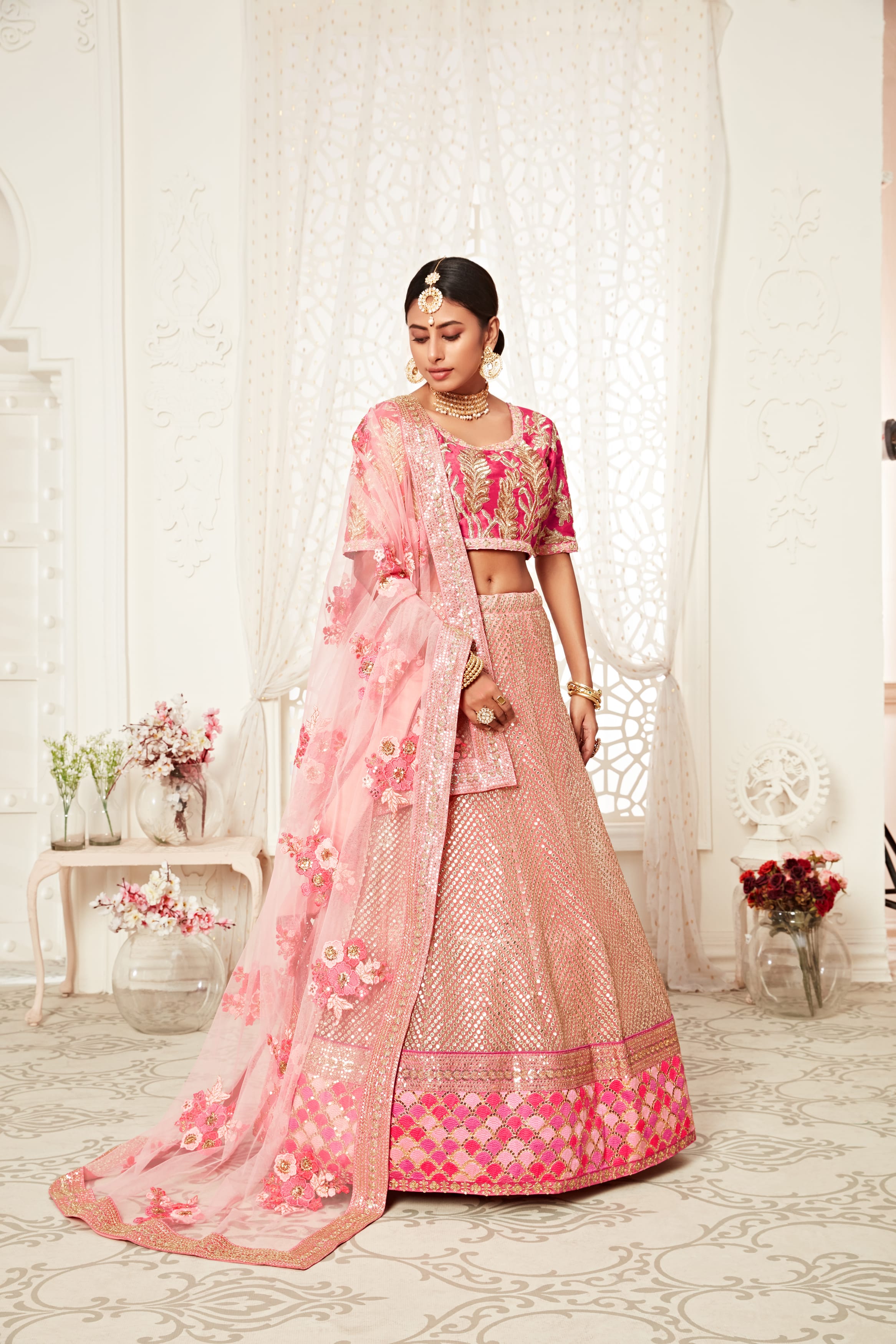 Pink Thread, Zari, Dori, and Sequins Embroidered Lehenga Choli in Softnet