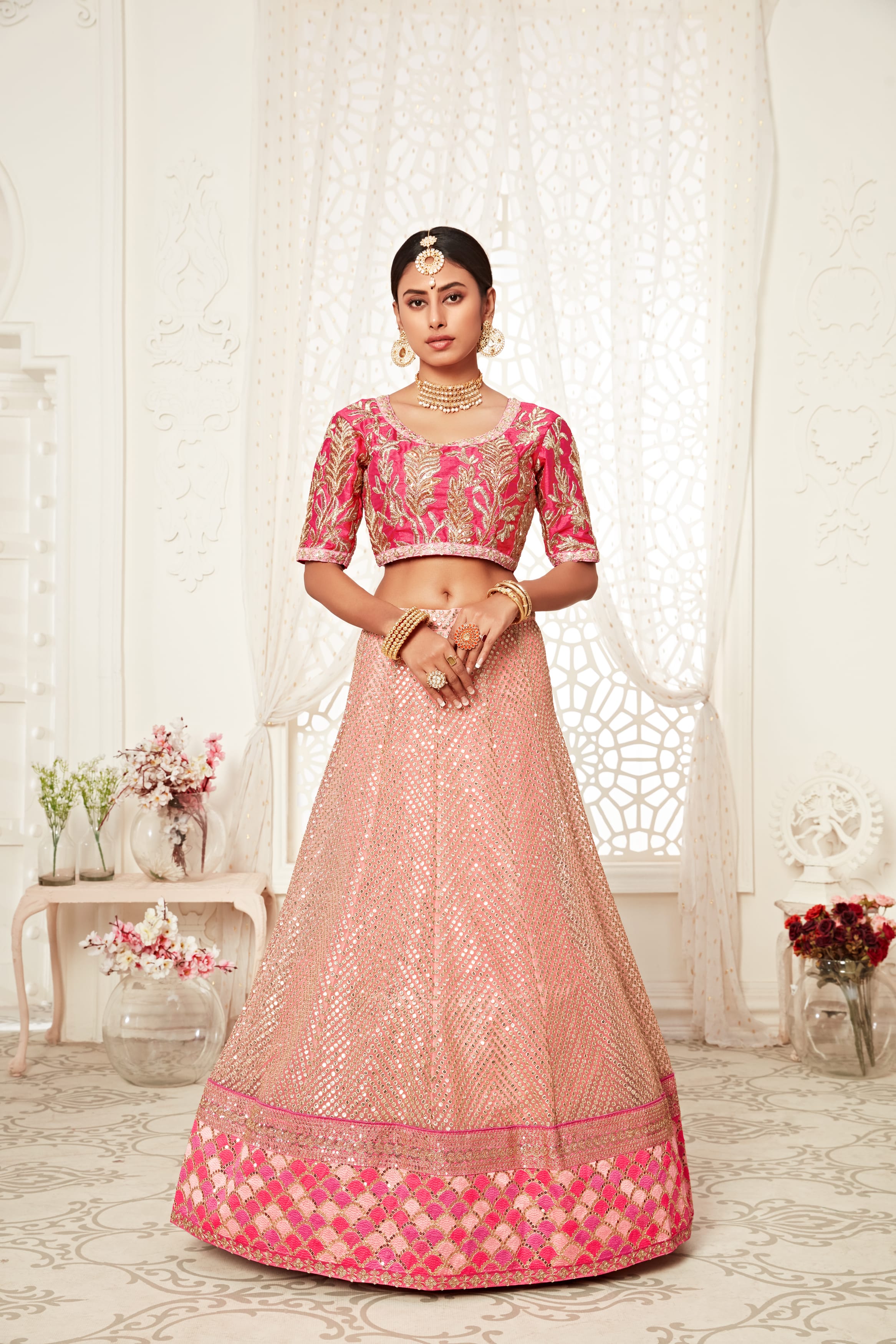 Pink Thread, Zari, Dori, and Sequins Embroidered Lehenga Choli in Softnet