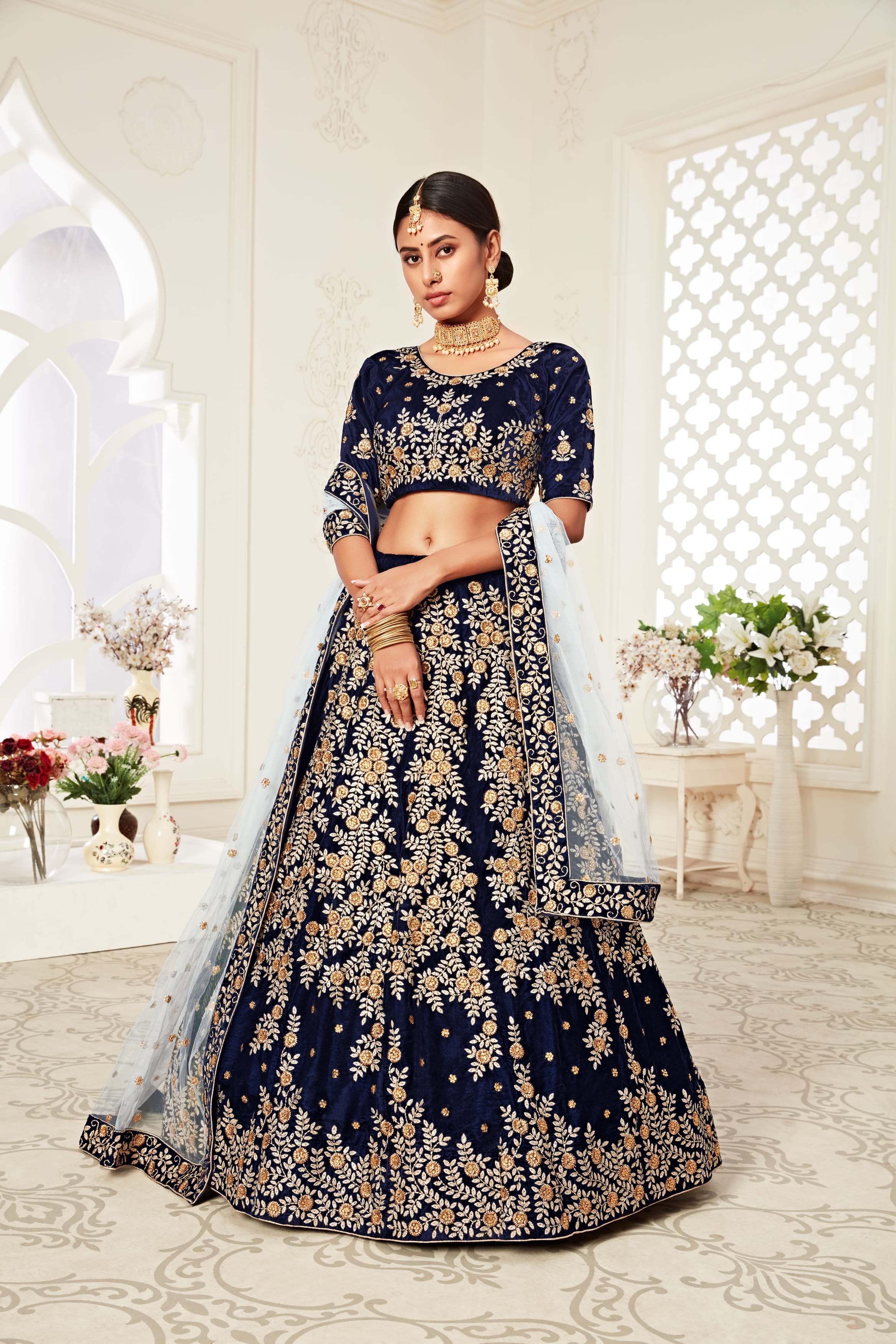 NavyBlue Velvet Lehenga Choli Adorned with Exquisite Thread, Zari, Dori, and Sequins