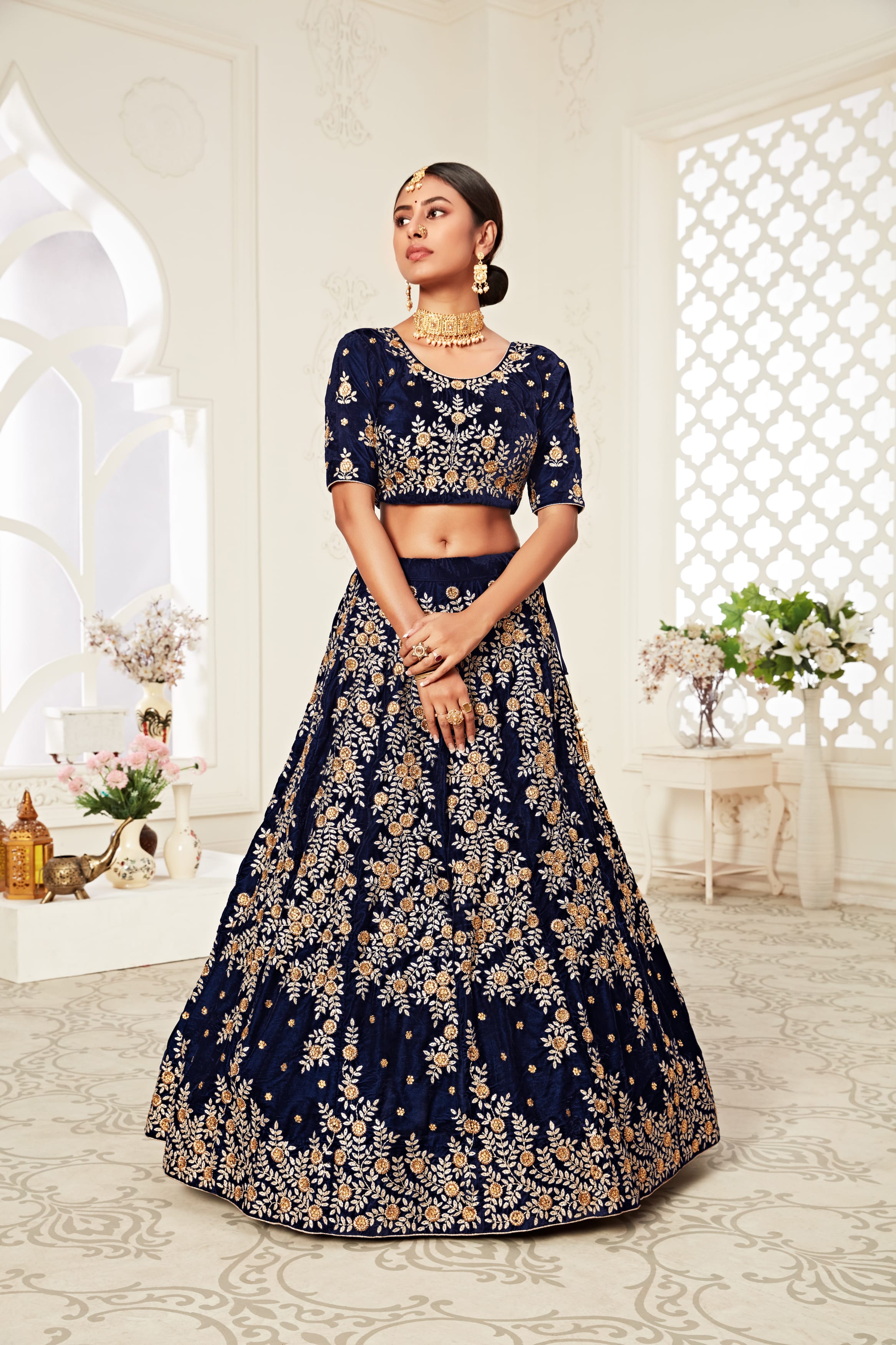 NavyBlue Velvet Lehenga Choli Adorned with Exquisite Thread, Zari, Dori, and Sequins