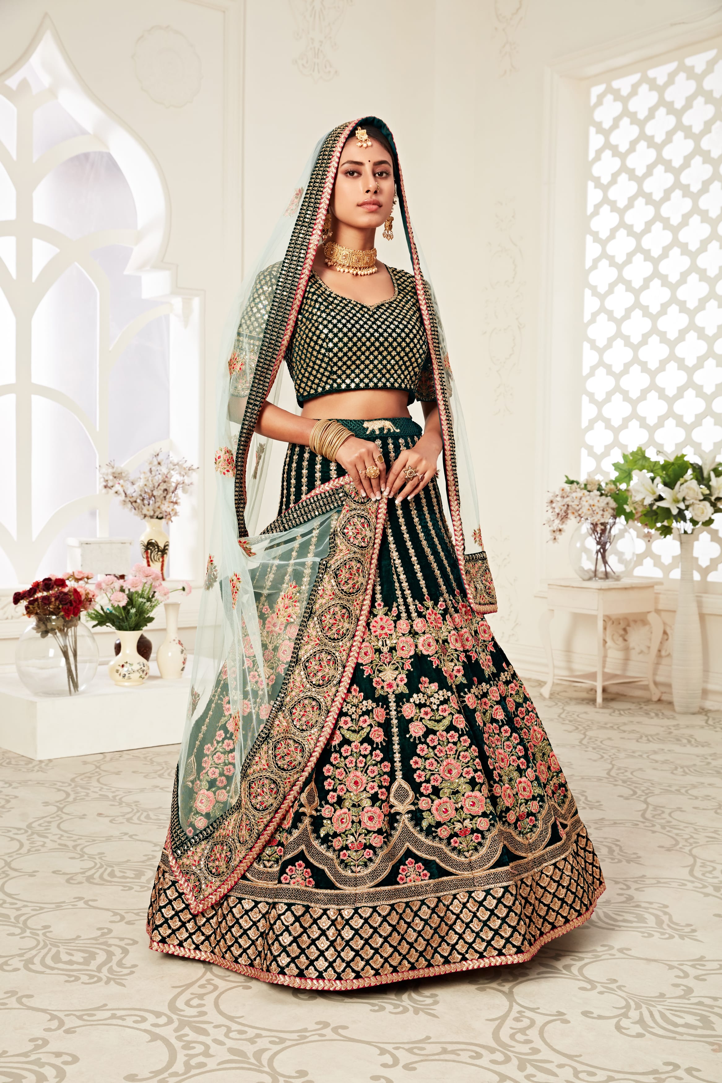 Enchanting Green Velvet Lehenga Choli with Exquisite Thread, Dori, Zari, and Sequins Embroidery