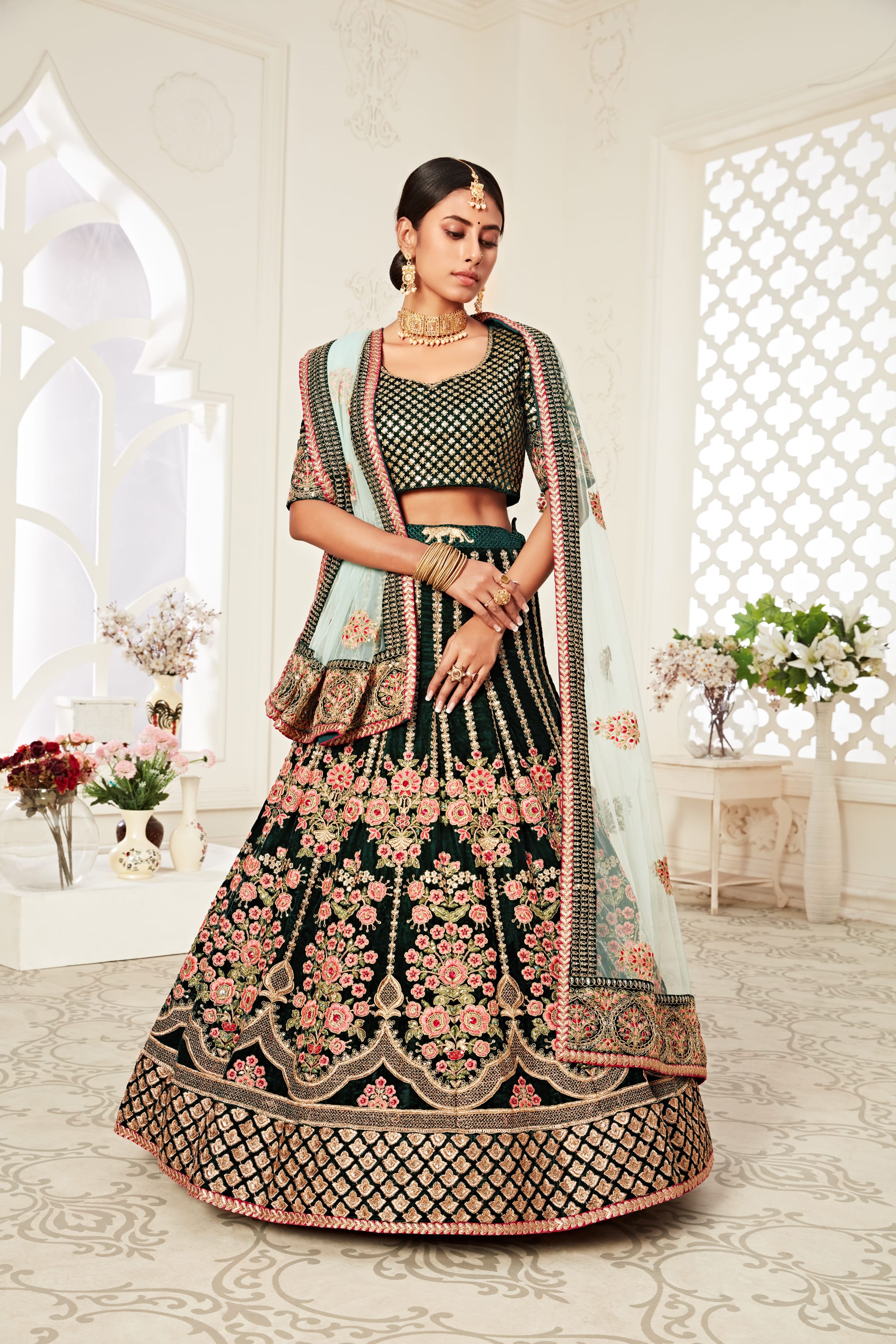 Enchanting Green Velvet Lehenga Choli with Exquisite Thread, Dori, Zari, and Sequins Embroidery