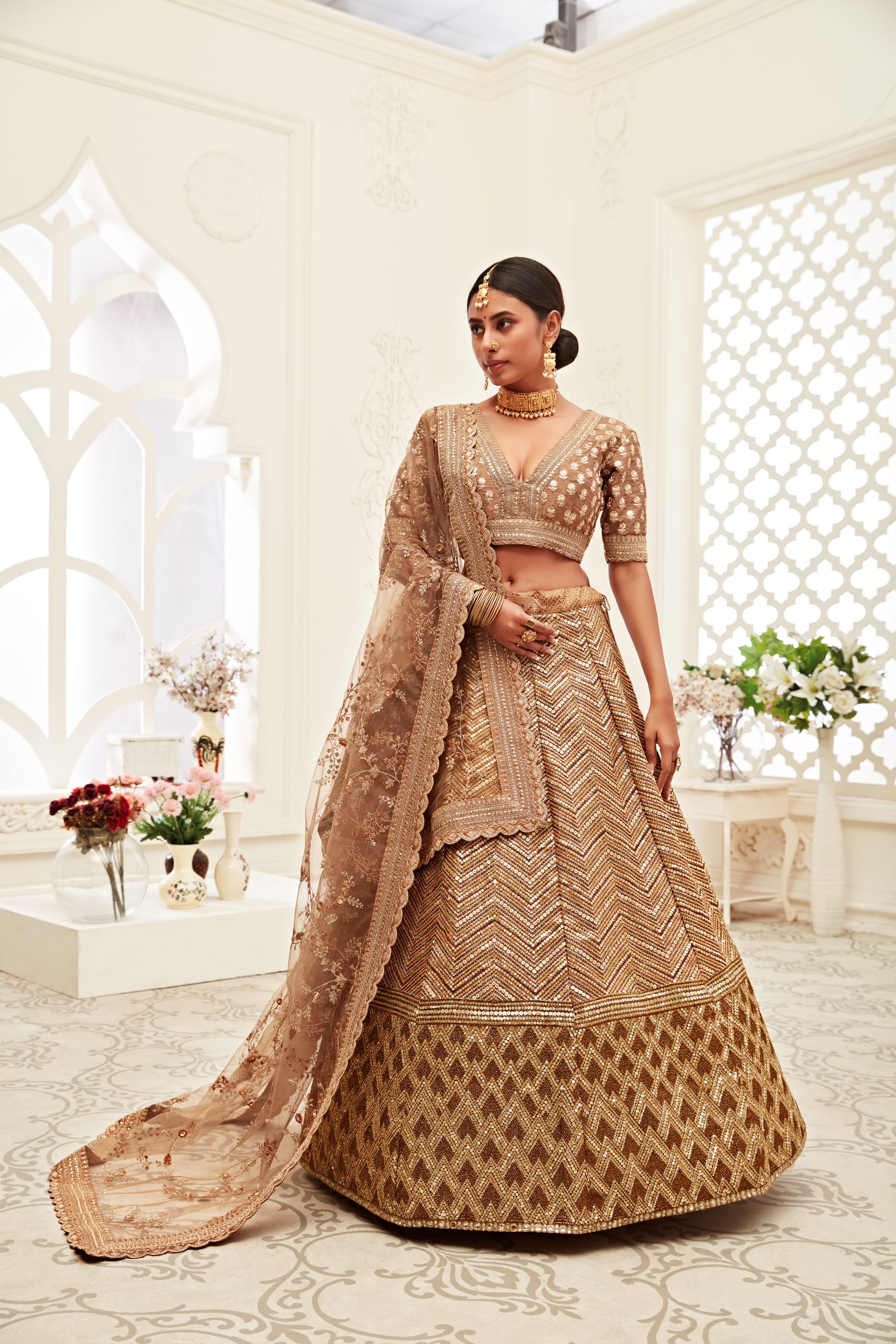 Elegant Brown Slub Silk Lehenga Choli with Exquisite Thread and Zari Embroidery