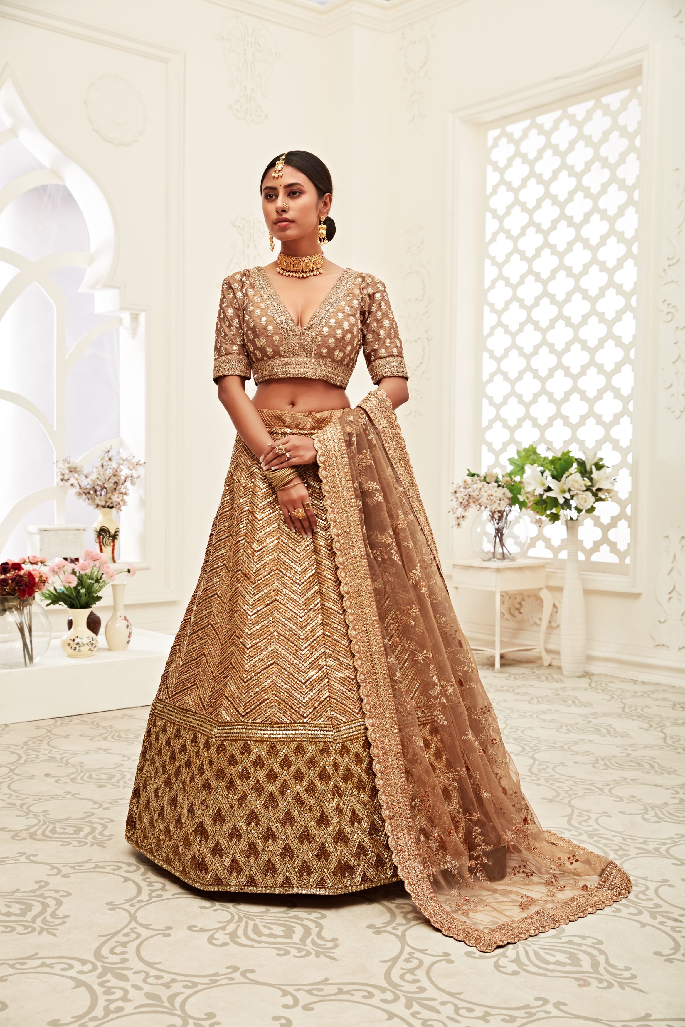 Elegant Brown Slub Silk Lehenga Choli with Exquisite Thread and Zari Embroidery