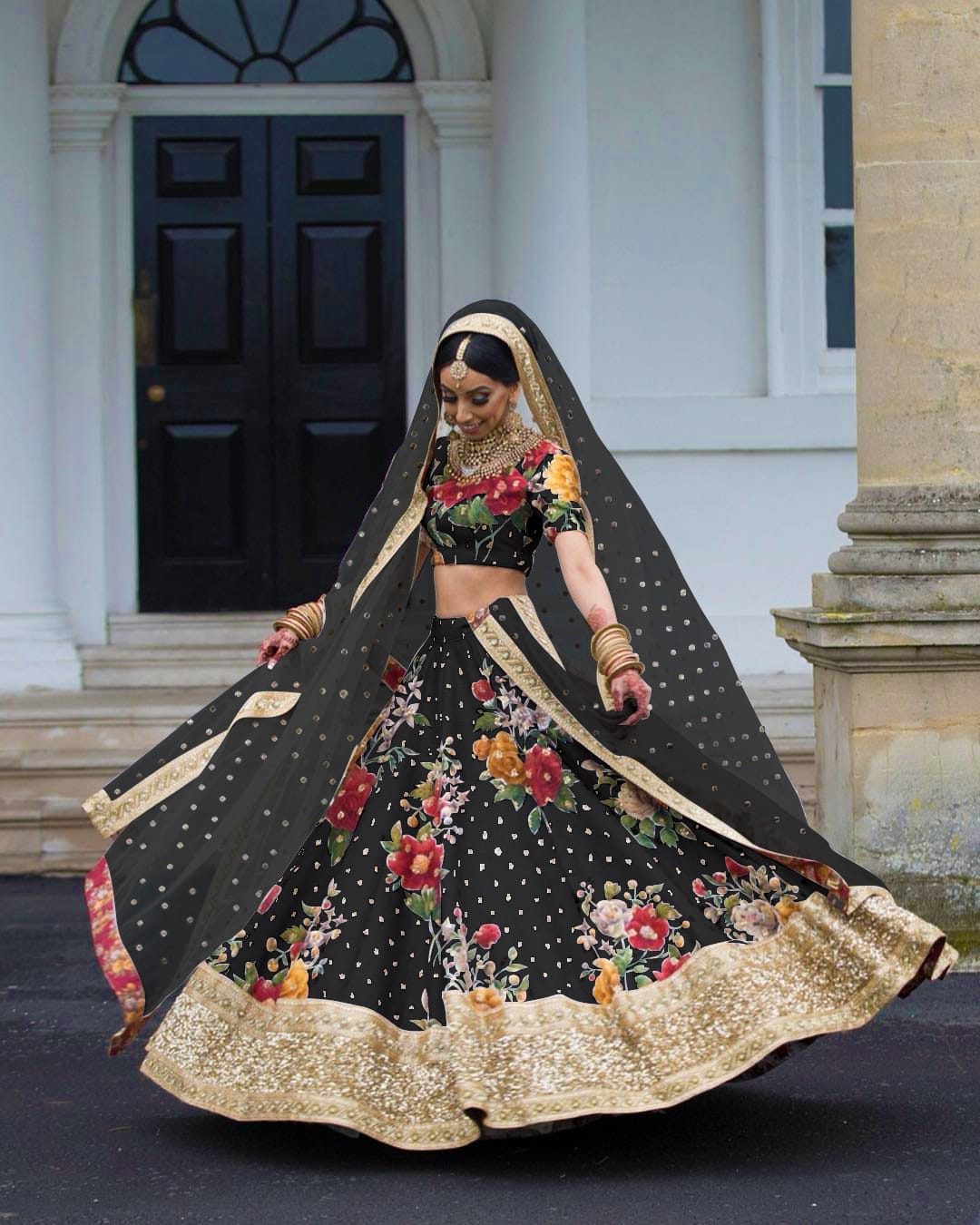 Exquisite Black Digital Print Lehenga Choli: Embroidery, Sequins, and Pearls