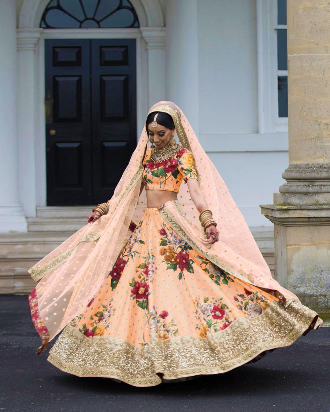 Peach Delight Lehenga Choli: Digital Print, Sequins, and Pearl Embroidery on Fine Art Silk