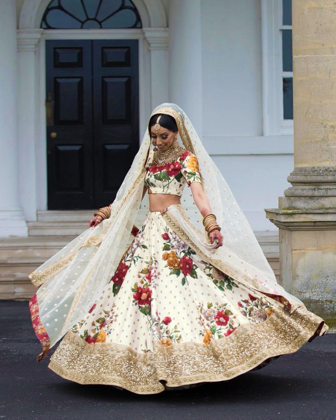 Elegant Cream Digital Print Lehenga Choli with Sequins and Pearl Embellishments