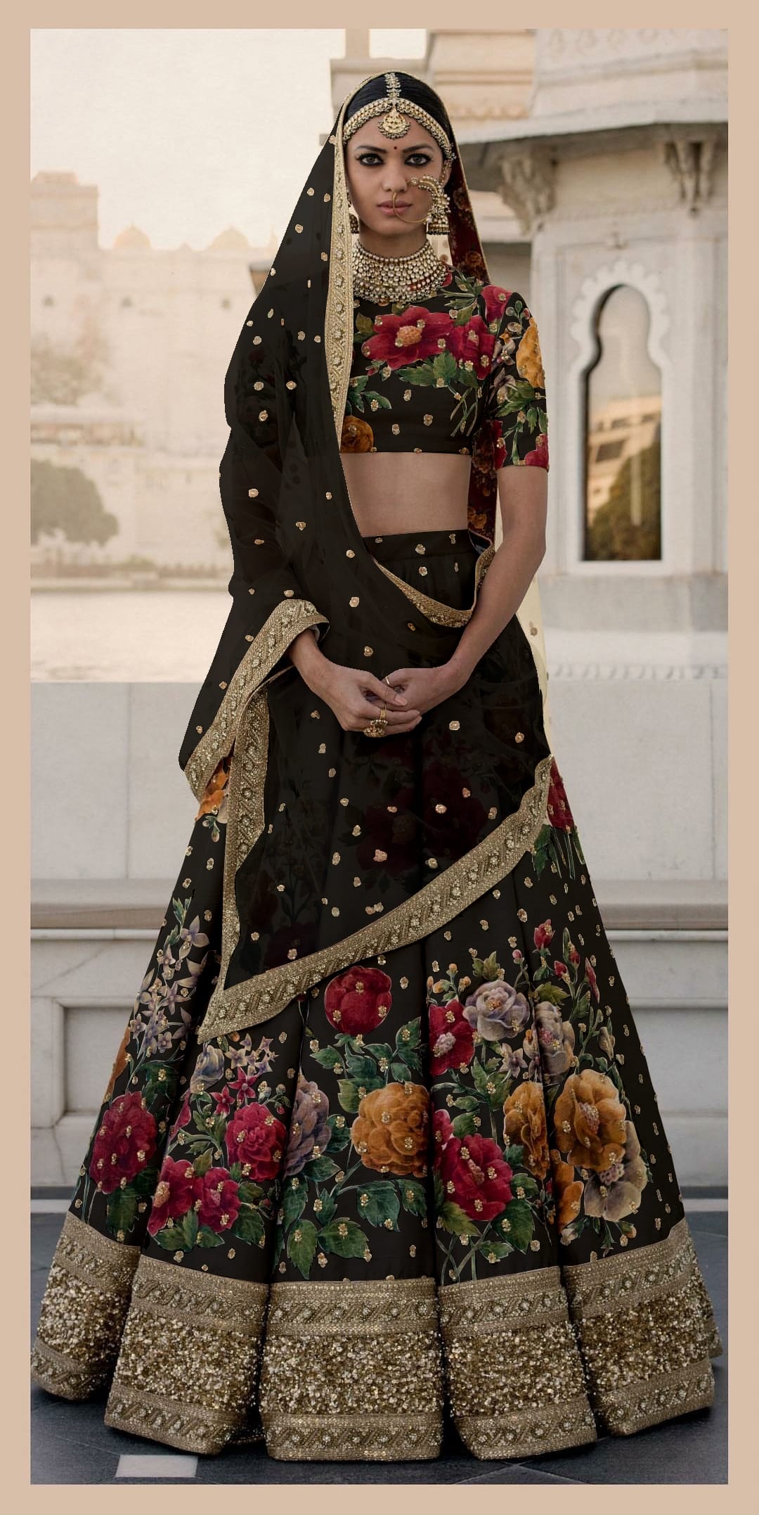 Exquisite Black Digital Print Lehenga Choli: Embroidery, Sequins, and Pearls