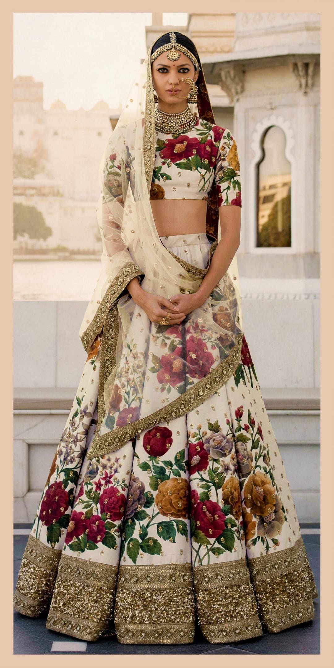 Elegant Cream Digital Print Lehenga Choli with Sequins and Pearl Embellishments