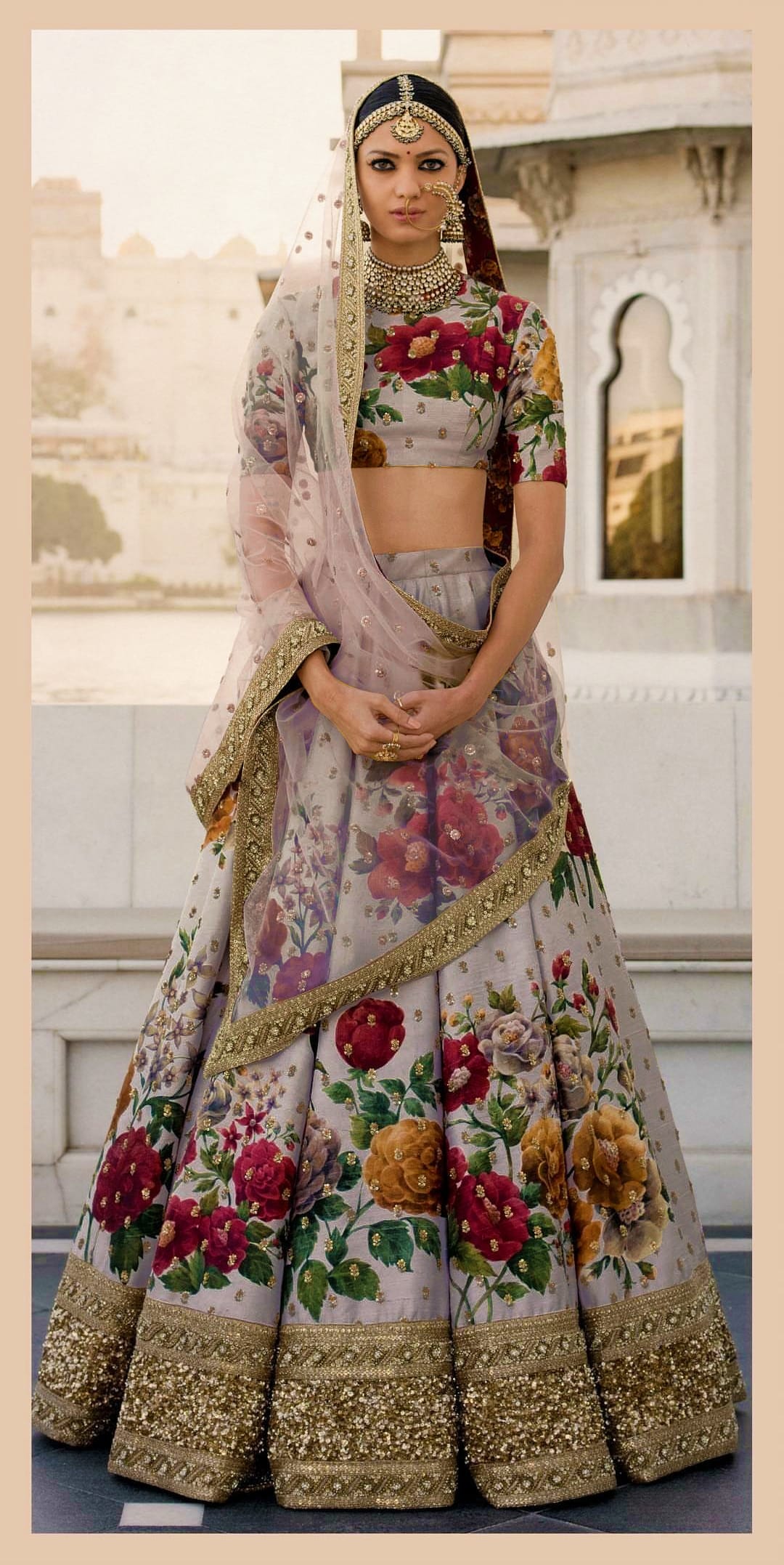 Enchanting Grey Digital Print Lehenga Choli with Sequins and Pearls