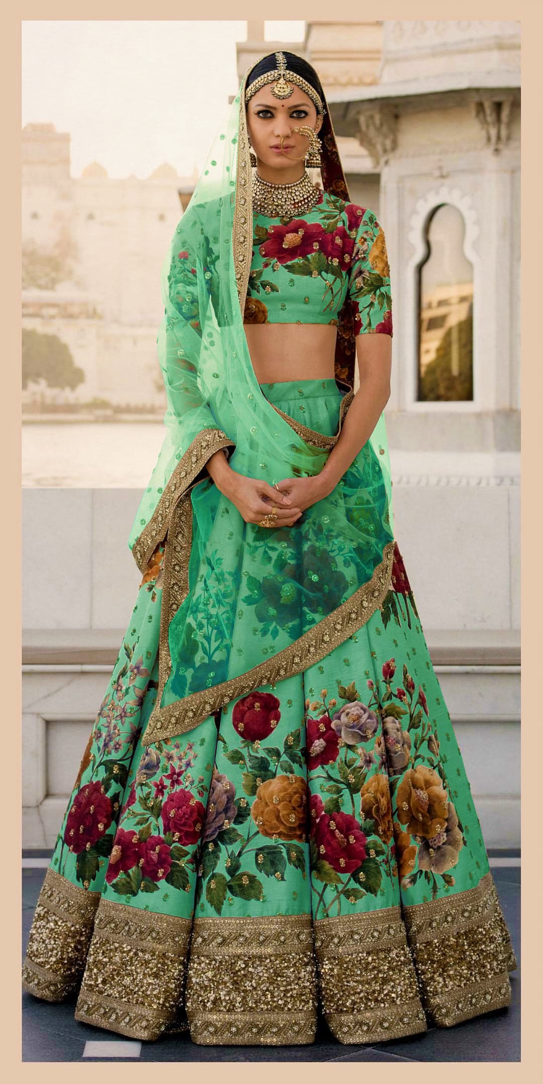 Enchanting Green Digital Print Lehenga Choli with Sequins and Pearl Embellishments