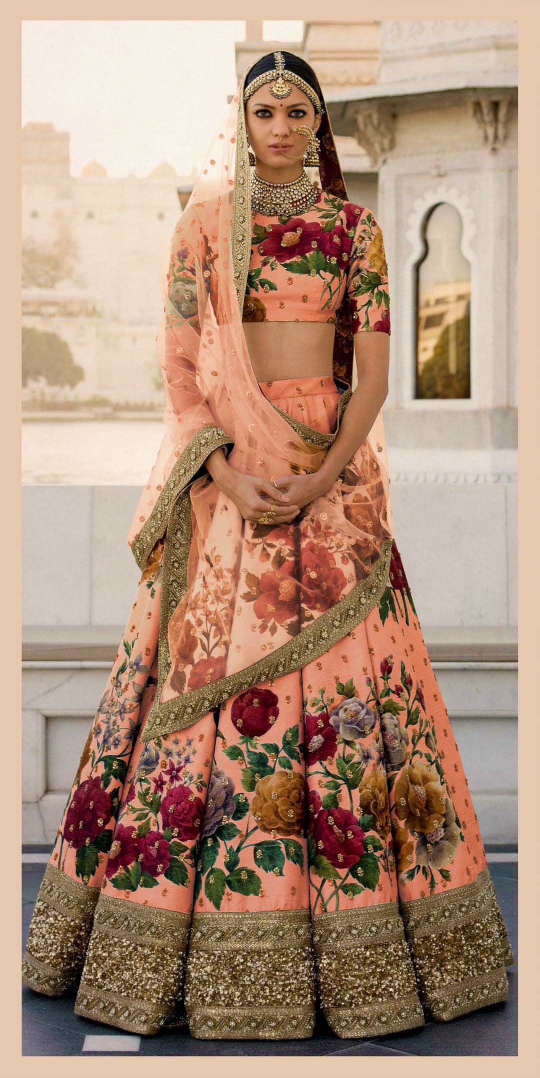 Peach Delight Lehenga Choli: Digital Print, Sequins, and Pearl Embroidery on Fine Art Silk