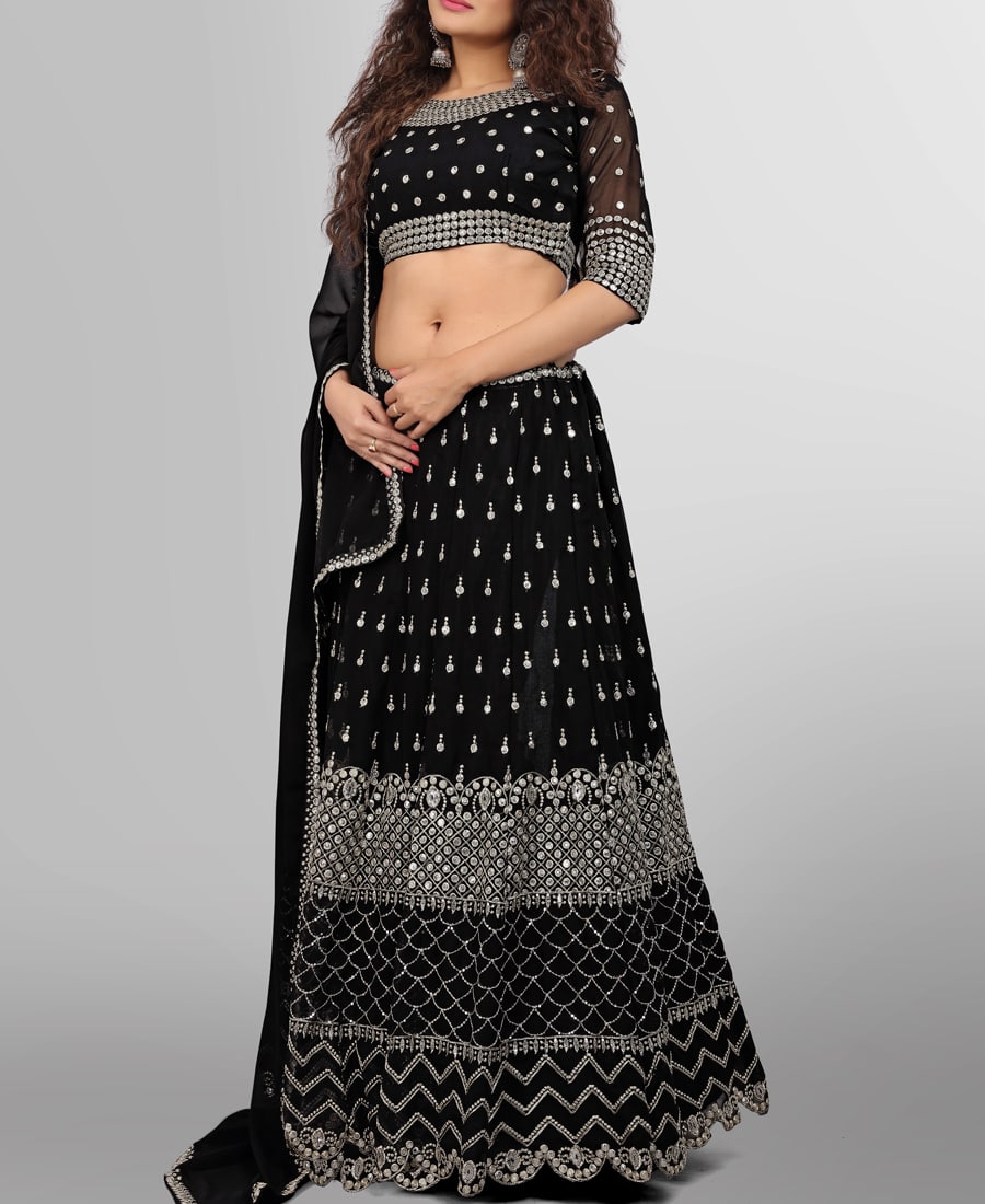 Elegant Black Lehenga Choli with Opulent Sequin Embroidery on Faux Georgette