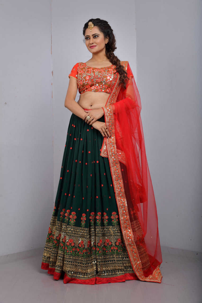 Enchanting Dark Green Lehenga Choli: Intricate Multi-Thread Sequences on Faux Georgette