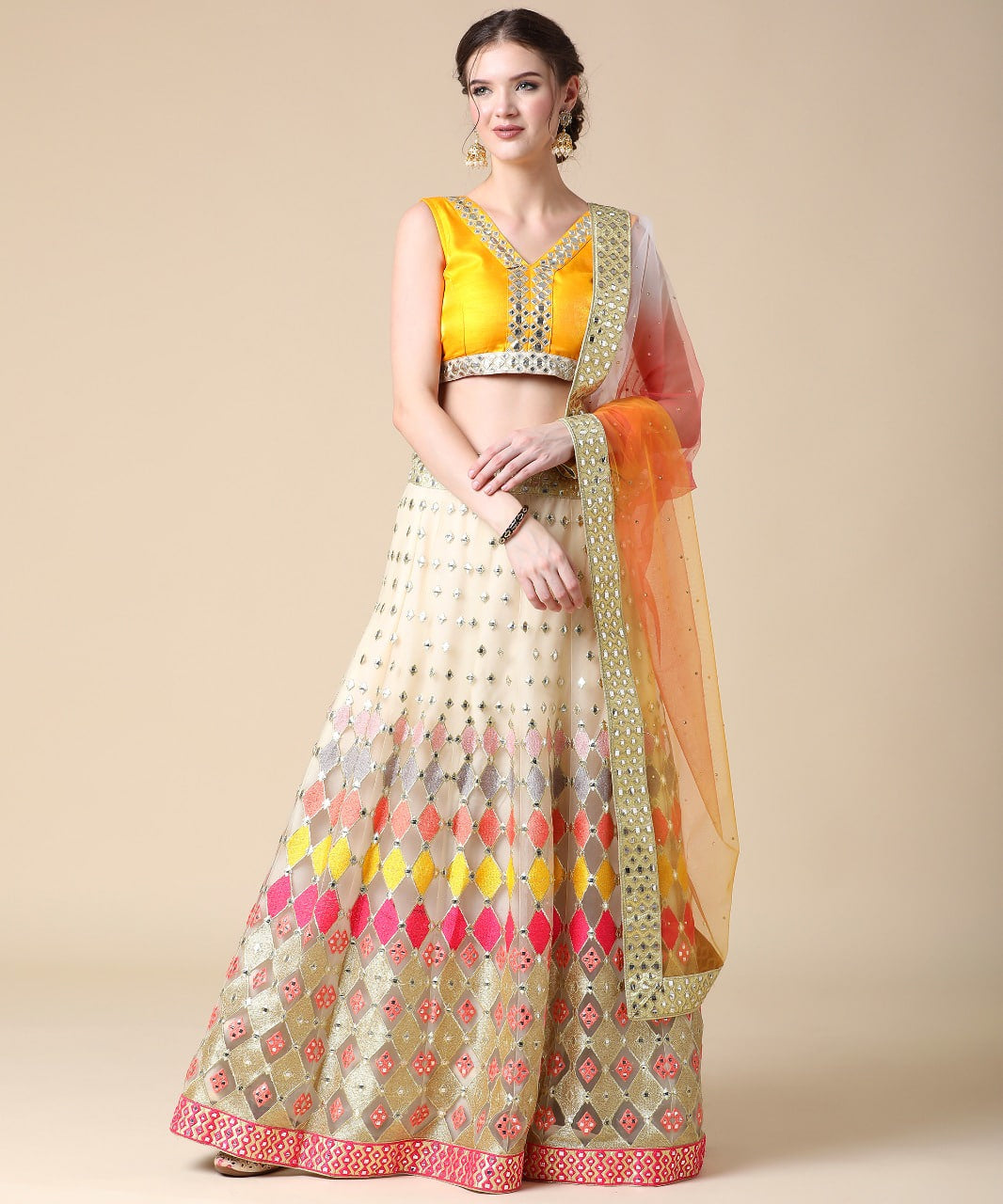 Elegant White-MultiColor Lehenga Choli with Exquisite Heavy Multi-Thread Embroidery