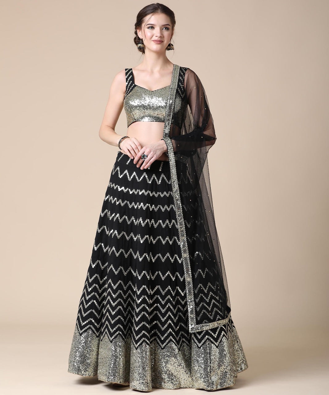 Elegant Black Lehenga Choli: Opulent Sequenced Embroidery on Luxurious Faux Georgette