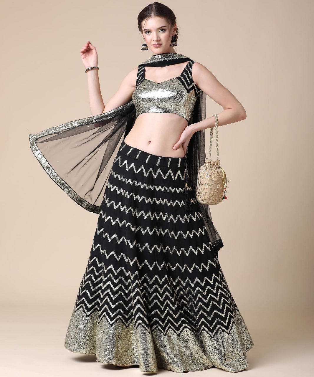 Elegant Black Lehenga Choli: Opulent Sequenced Embroidery on Luxurious Faux Georgette