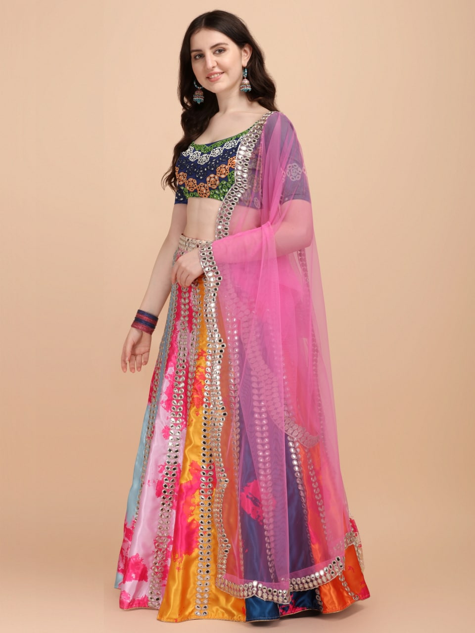 Multi-Pink Lehenga Choli adorned with Intricate Mirror Embroidery and Heavy Threadwork