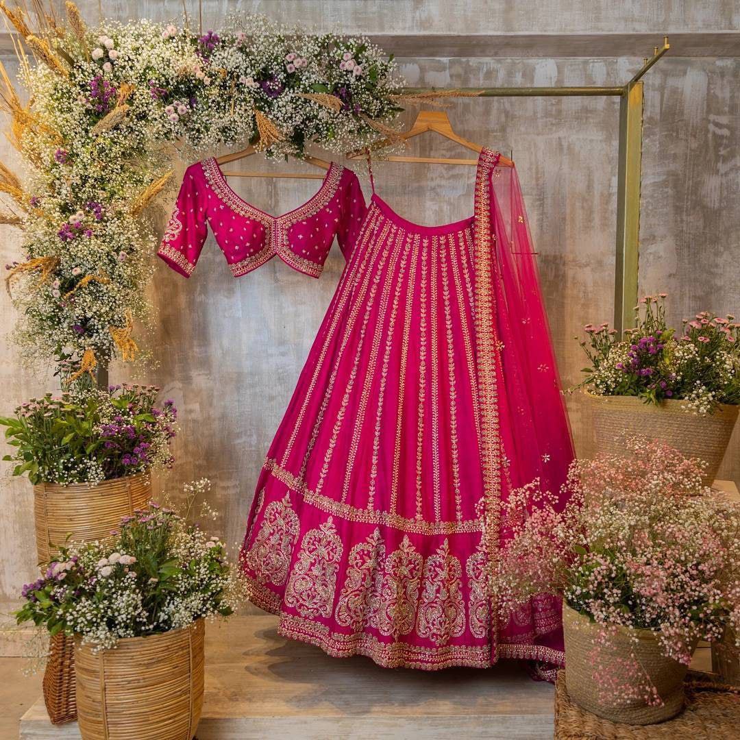 Elegant Dark Pink Lehenga Choli with Intricate Thread and Sequence Embroidery