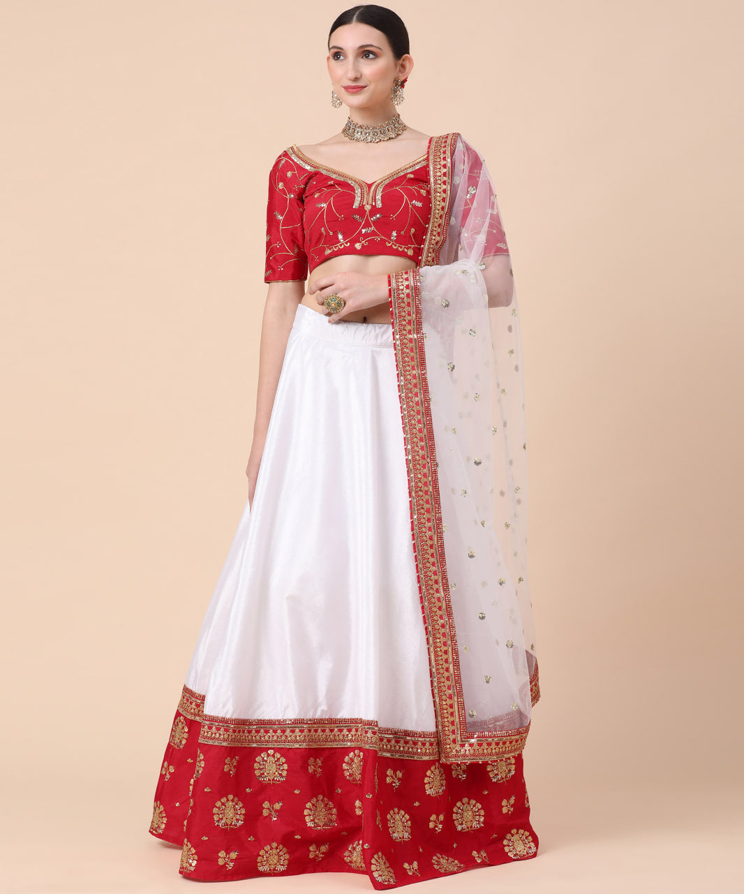 Elegant White and Red Lehenga Choli with Intricate Thread and Sequin Embroidery