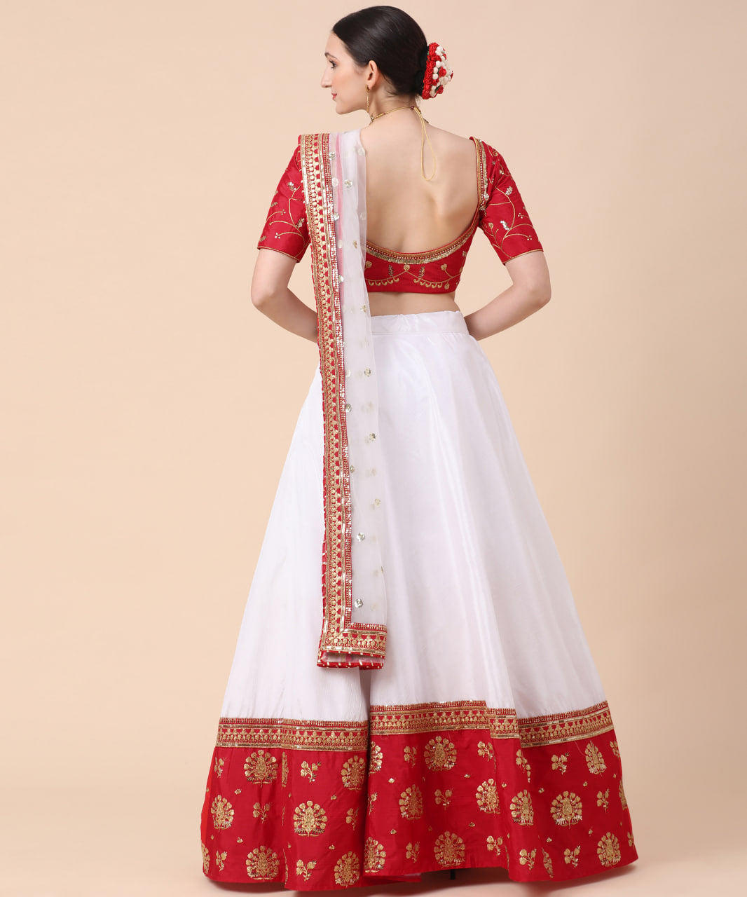 Elegant White and Red Lehenga Choli with Intricate Thread and Sequin Embroidery