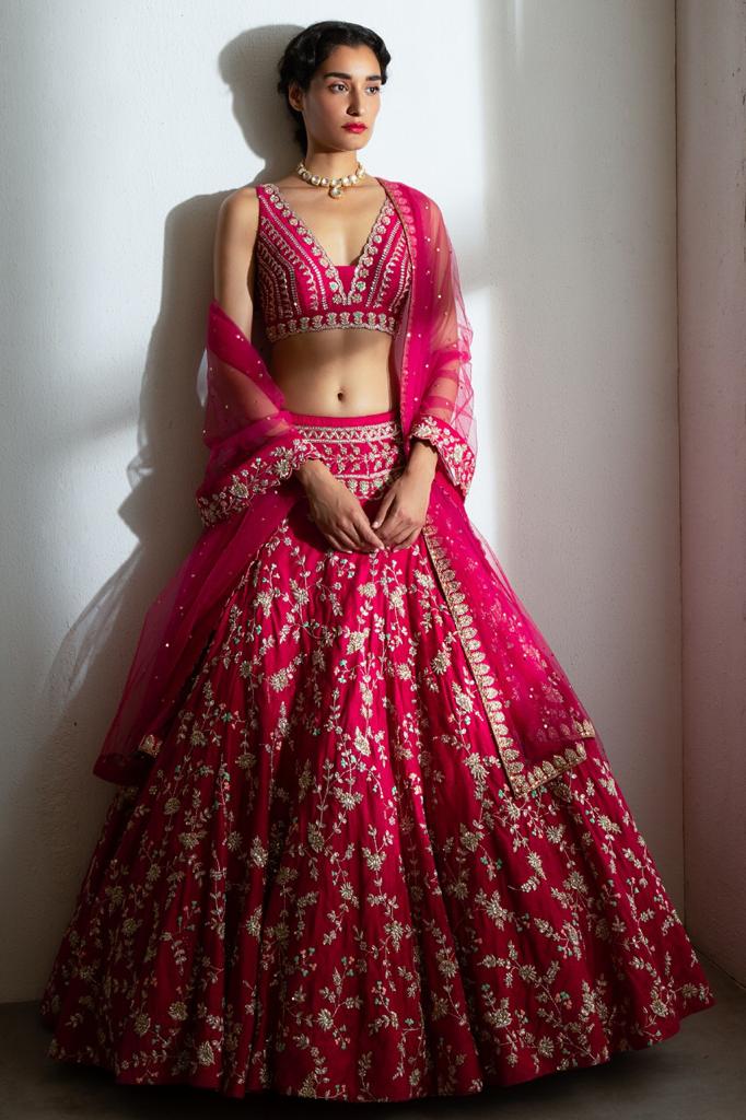 Elegant Pink Lehenga Choli with Intricate Thread and Sequin Embroidery