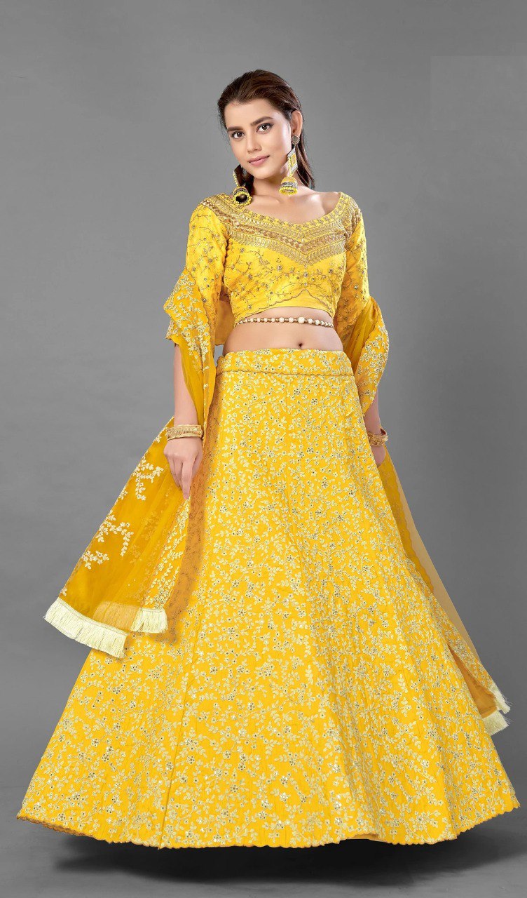 Golden Splendor: Yellow Lehenga Choli with Intricate Thread and Sequin Embroidery