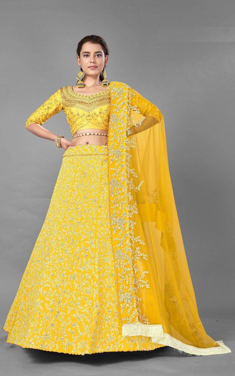 Golden Splendor: Yellow Lehenga Choli with Intricate Thread and Sequin Embroidery