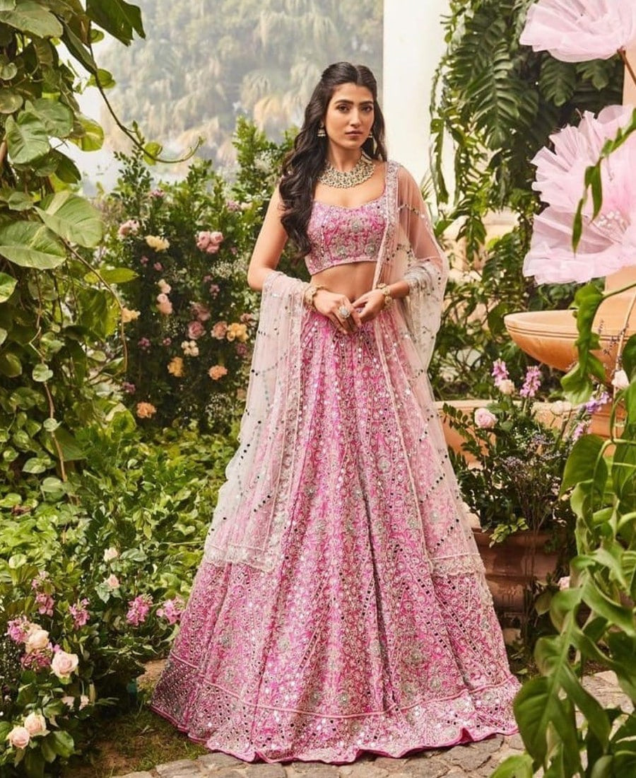 Enchanting Light Pink Lehenga Choli with Intricate Mirror Embroidery and Devsena Silk