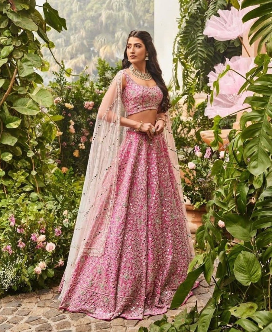 Enchanting Light Pink Lehenga Choli with Intricate Mirror Embroidery and Devsena Silk