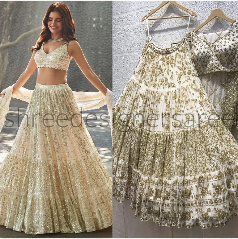 Elegant Off-White Lehenga Choli Adorned with Intricate Thread Sequence Embroidery