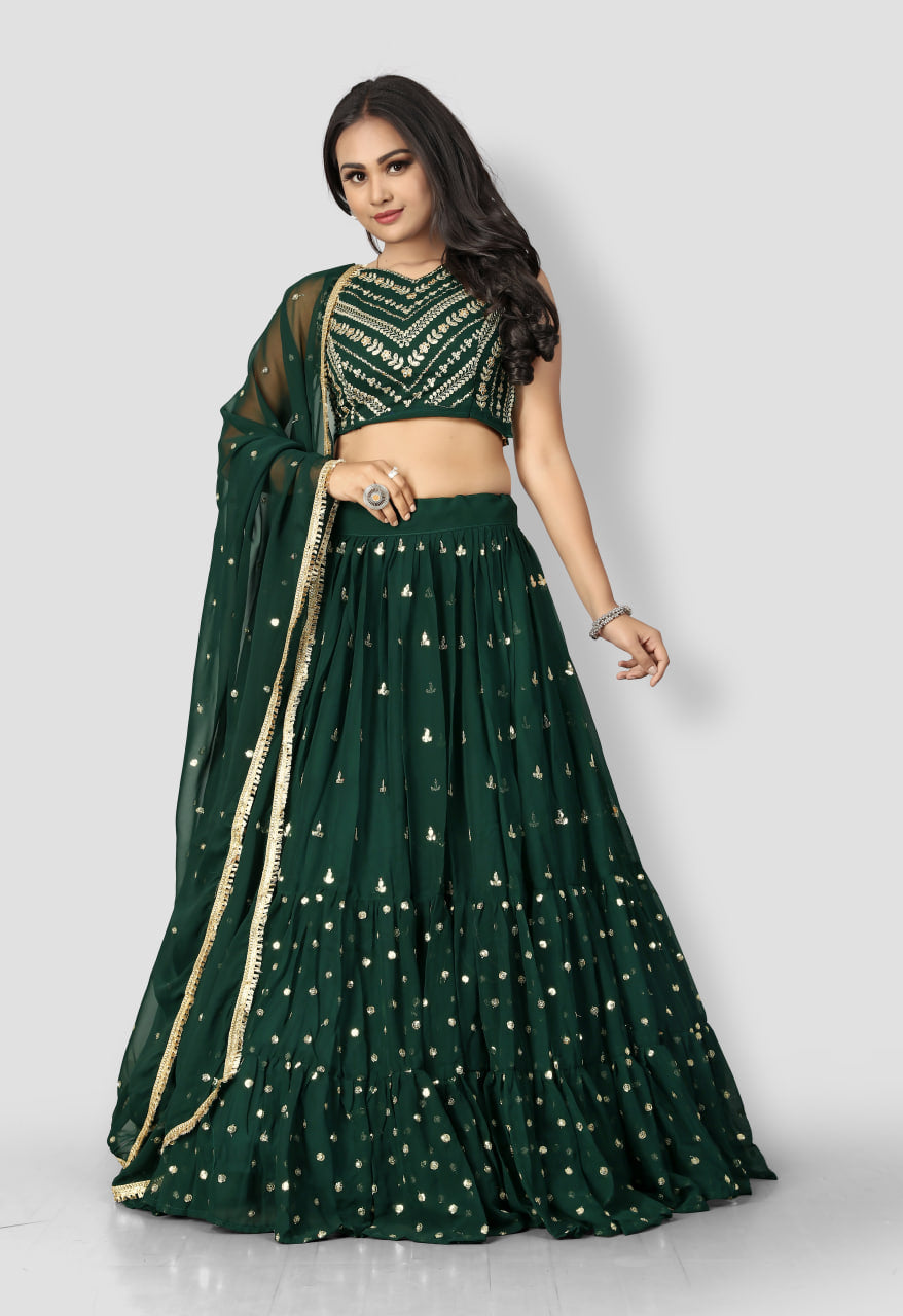 Enchanting Dark Green Lehenga Choli Adorned with Exquisite Thread Sequences