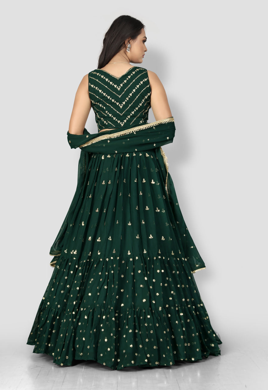 Enchanting Dark Green Lehenga Choli Adorned with Exquisite Thread Sequences