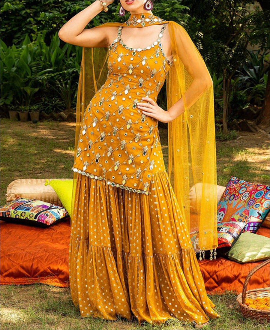 Radiant Yellow Sharara Salwar Suit adorned with Intricate Thread and Sequin Embellishments