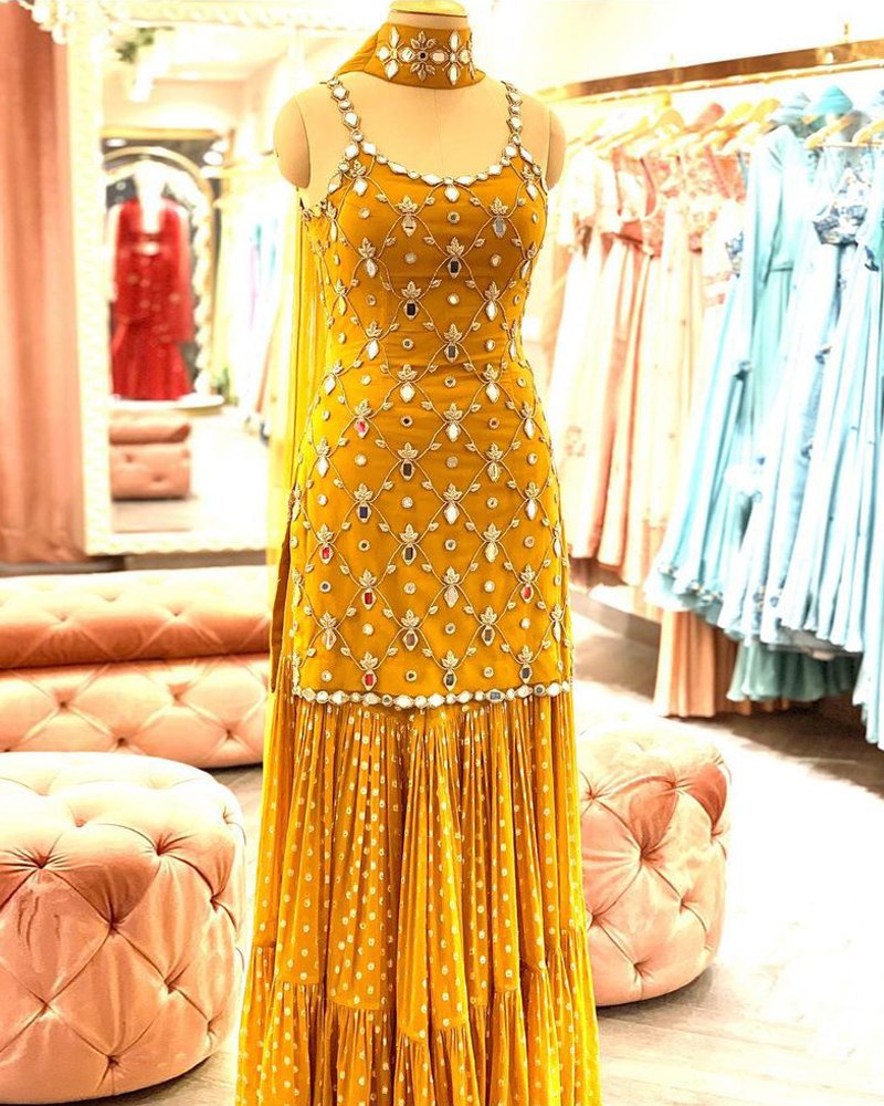 Radiant Yellow Sharara Salwar Suit adorned with Intricate Thread and Sequin Embellishments