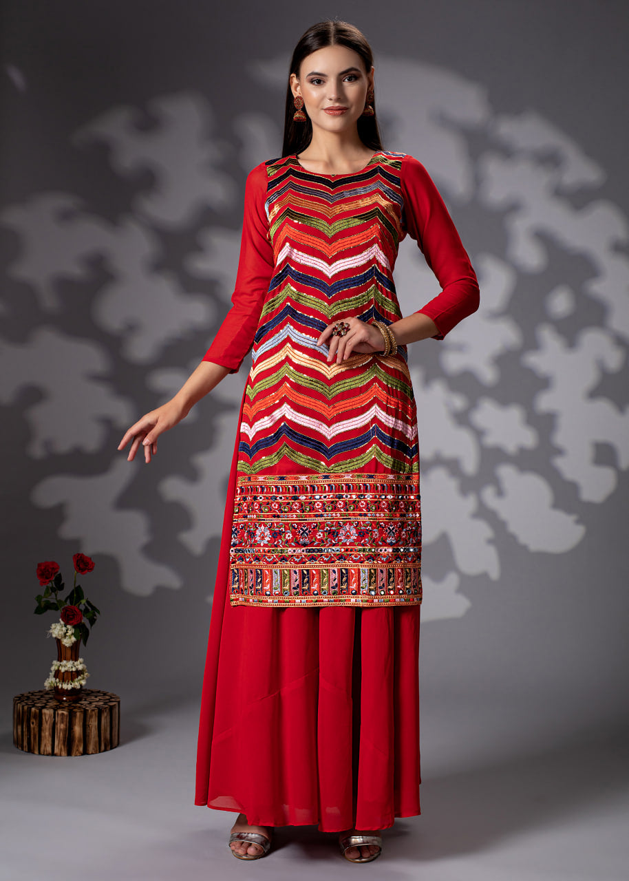 Elegant Red Sharara Salwar Suit with Intricate Thread and Sequin Embellishments