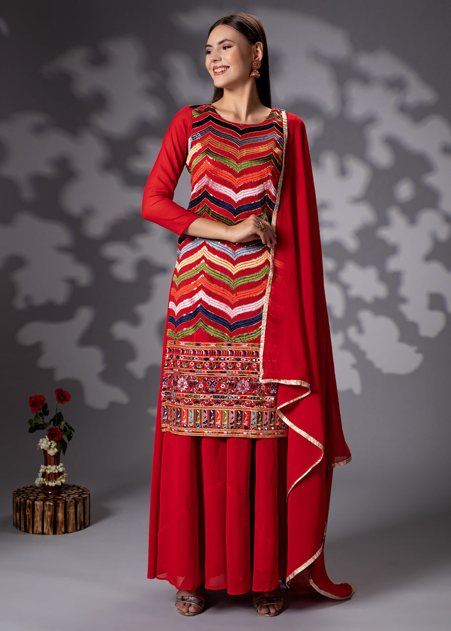 Elegant Red Sharara Salwar Suit with Intricate Thread and Sequin Embellishments