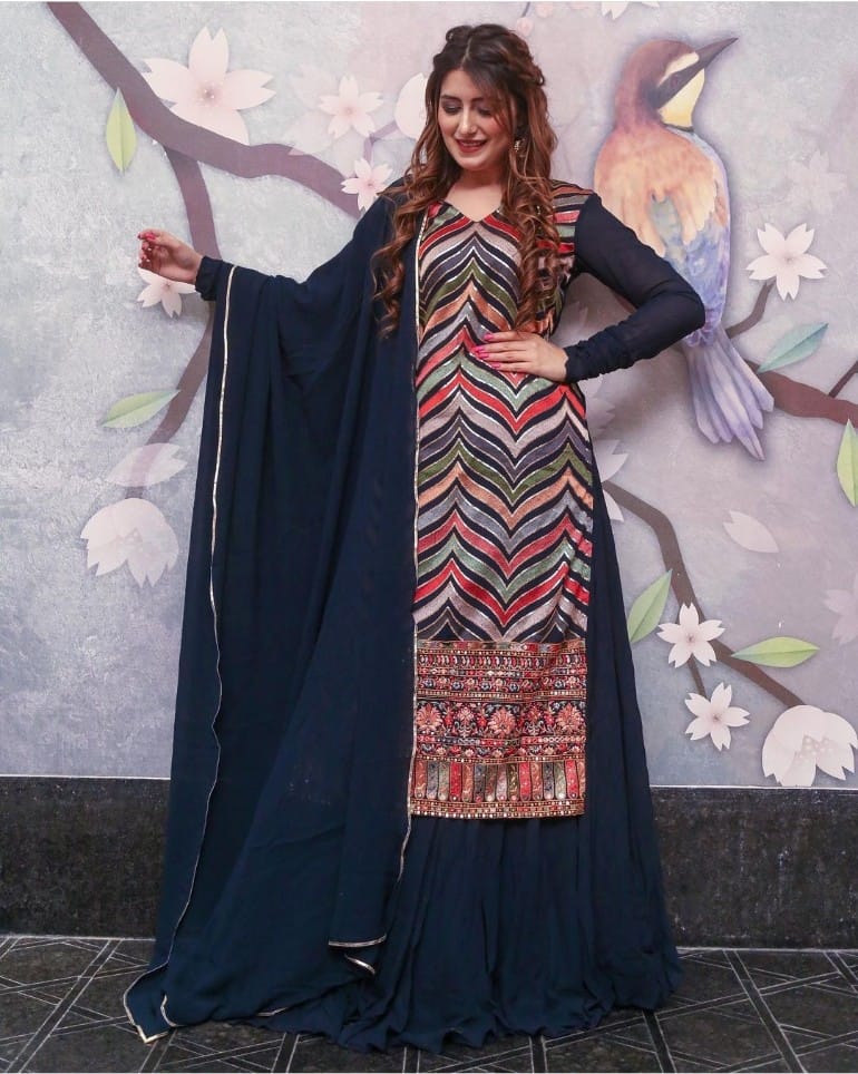 Elegant Blue Sharara Salwar Suit with Intricate Thread and Sequence Embellishments