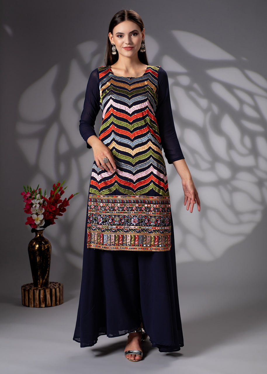 Elegant Blue Sharara Salwar Suit with Intricate Thread and Sequence Embellishments