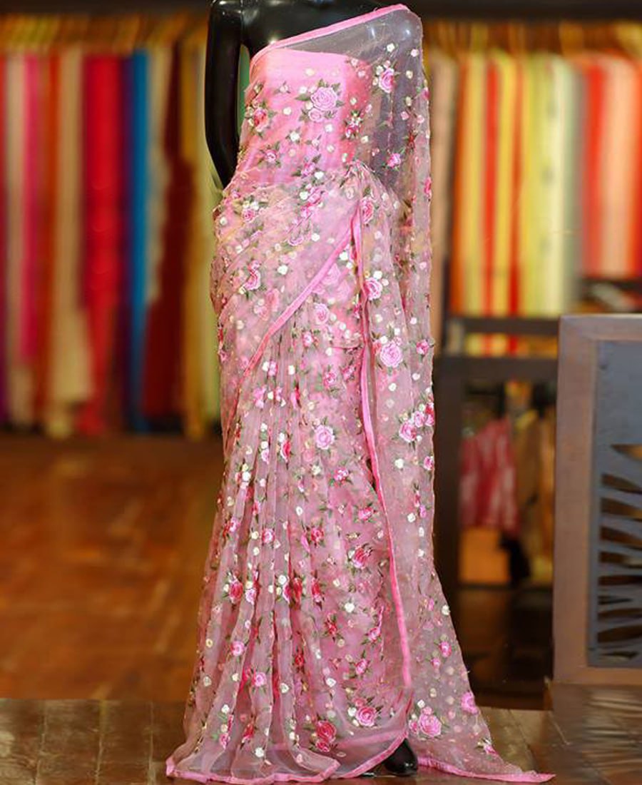 Elegant Light Pink Saree adorned with Opulent Multi-Thread Embroidery